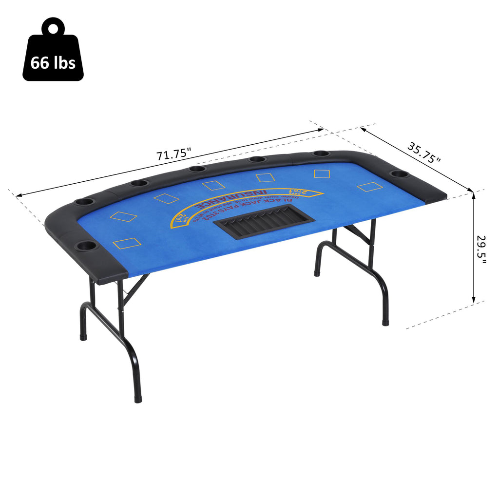 Poker Table Foldable, 72" Blackjack Table for 7 Players with Chip & Cup Holder, Blue Felt