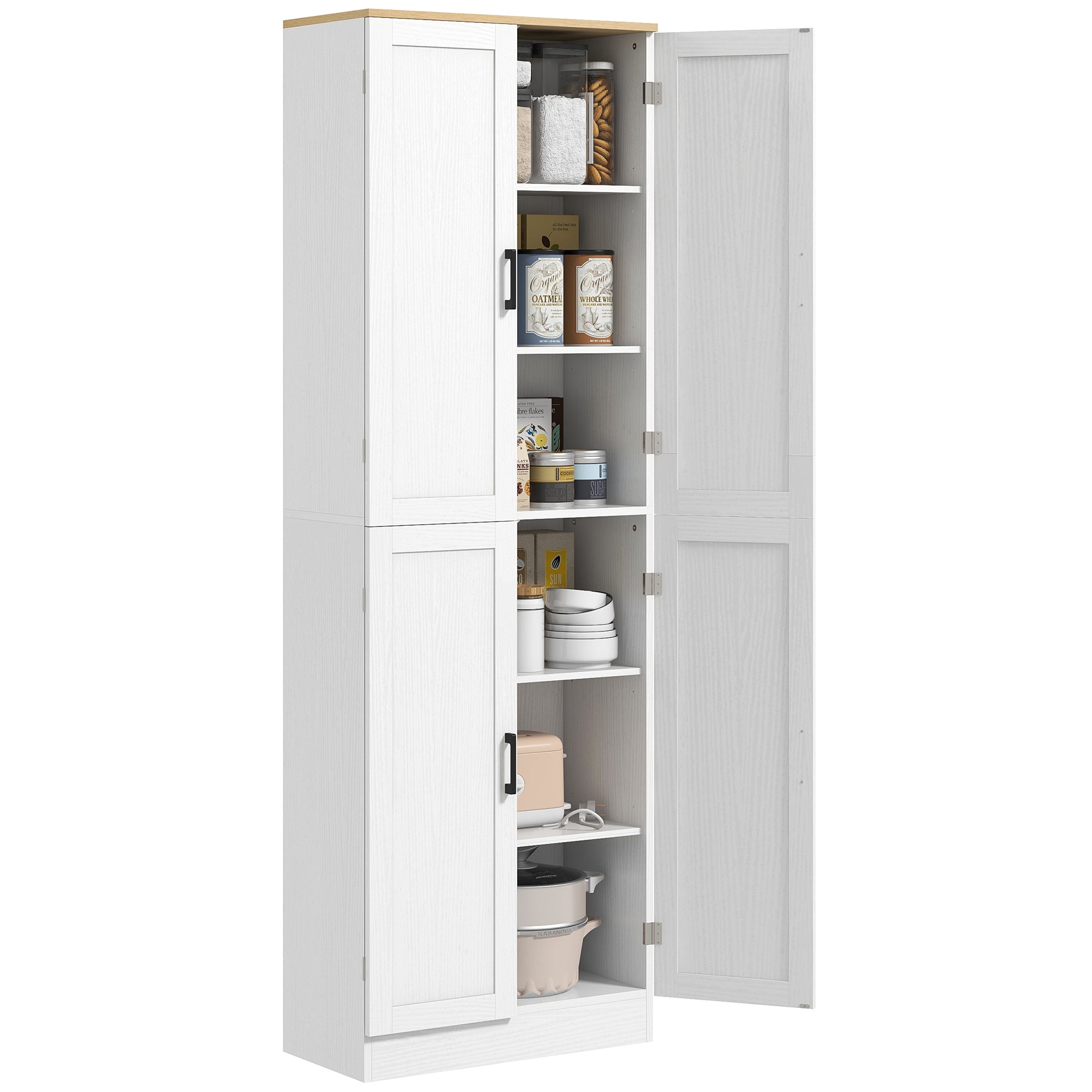 Freestanding Kitchen Pantry, 4-Door Kitchen Pantry Cabinet with Adjustable Shelves and Doors, Distressed White