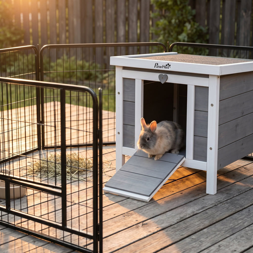 Small Wooden Rabbit Hutch Bunny Cage Guinea Pig Cage Duck House Dog House with Openable & Waterproof Roof, for Rabbits, Chickens, Ducks, Gray