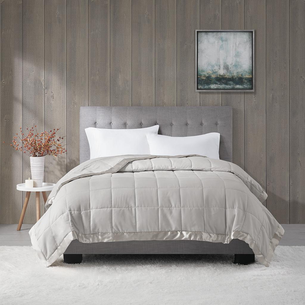 King Size Lightweight Down Alternative Blanket with Satin Trim, Hypoallergenic Polyester, Machine Washable, 108" L x 90" W x 0.25" H, Gray