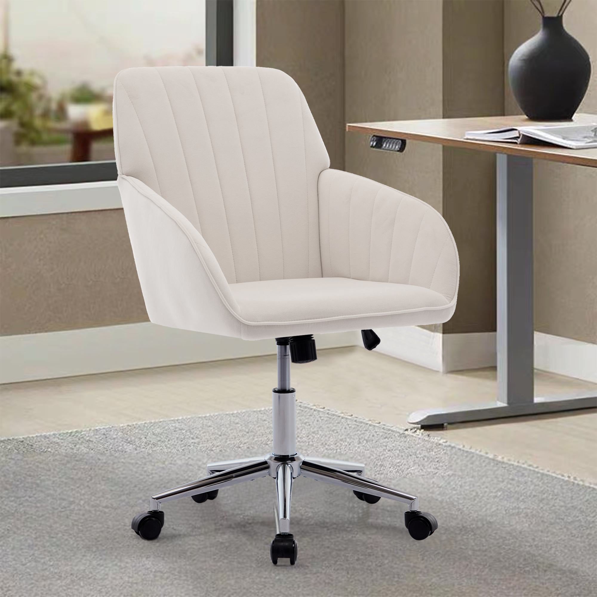Adjustable Ergonomic Swivel Chair with Memory Foam Cushion and Lumbar Support, Office Chair with Silver Base, 25" L x 23" W x 38" H, Beige