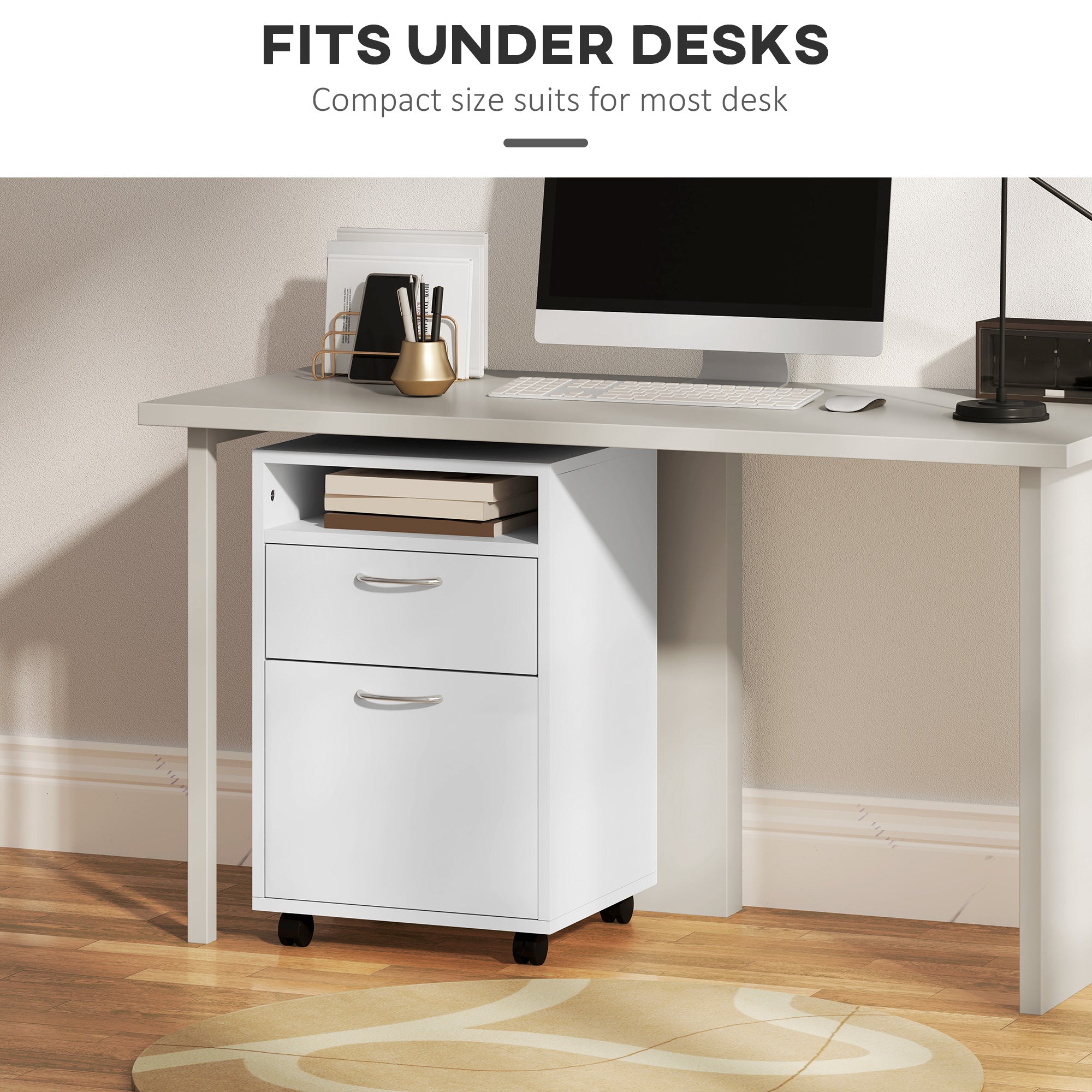 Mobile Storage Cabinet Organizer with Drawer and Cabinet, Printer Stand with Castors, White