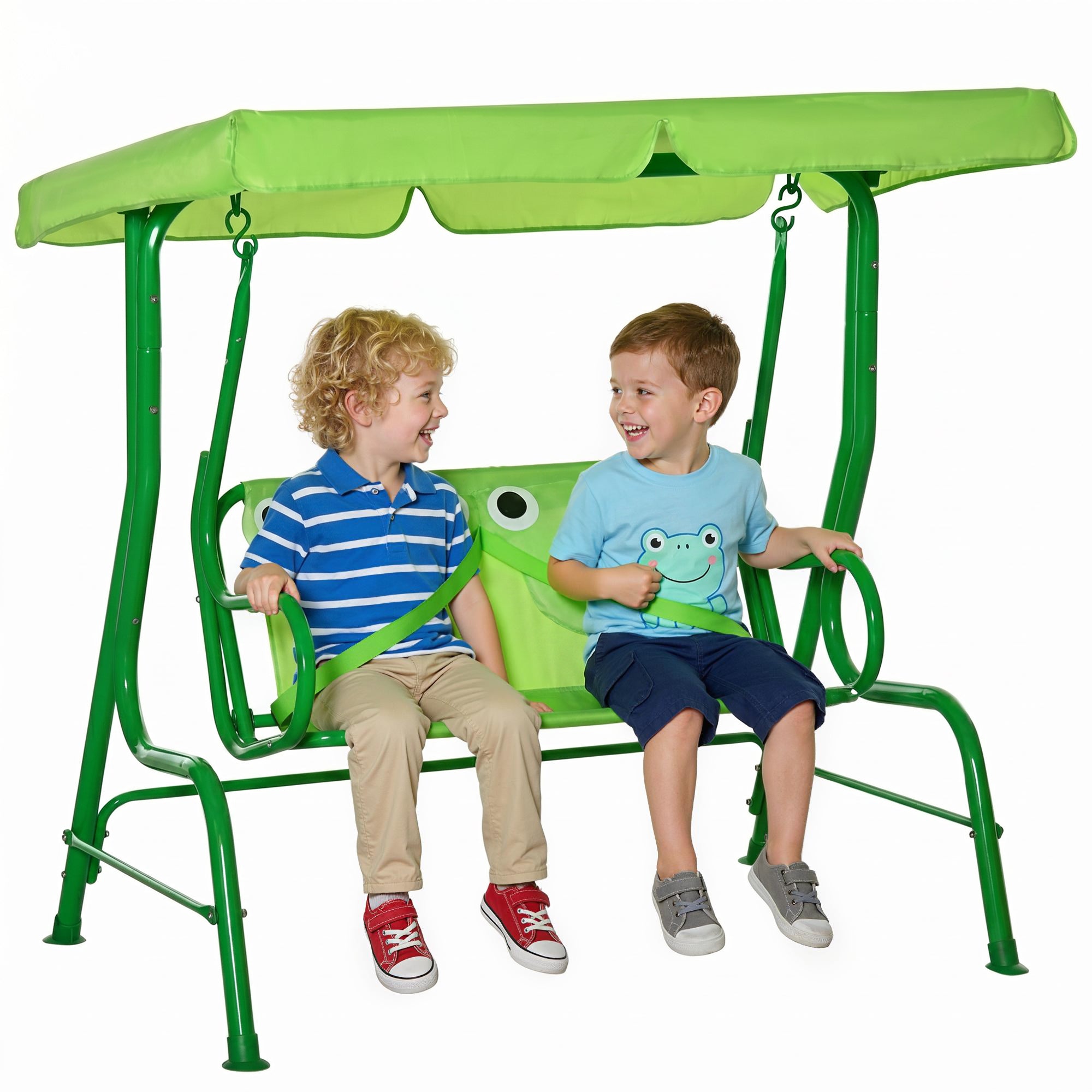 Kids Patio Swing, Adjustable Canopy Swing Glider, Kids Outdoor Swing Chair with 2 Seats, Seat-Belted Safety, Green