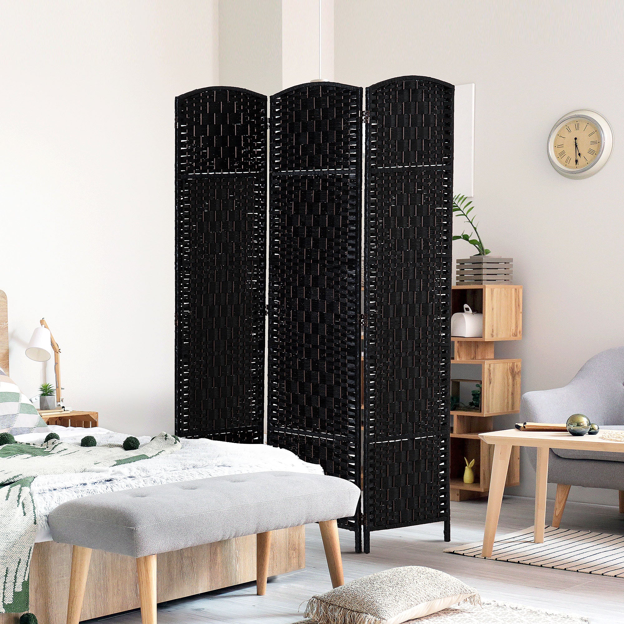 Room Divider 3 Panel, 6FT Tall Folding Privacy Screen, Freestanding Hand-Woven Partition for Room Separation with 360° Hinges, Paper Rope Diamond Weave, Black