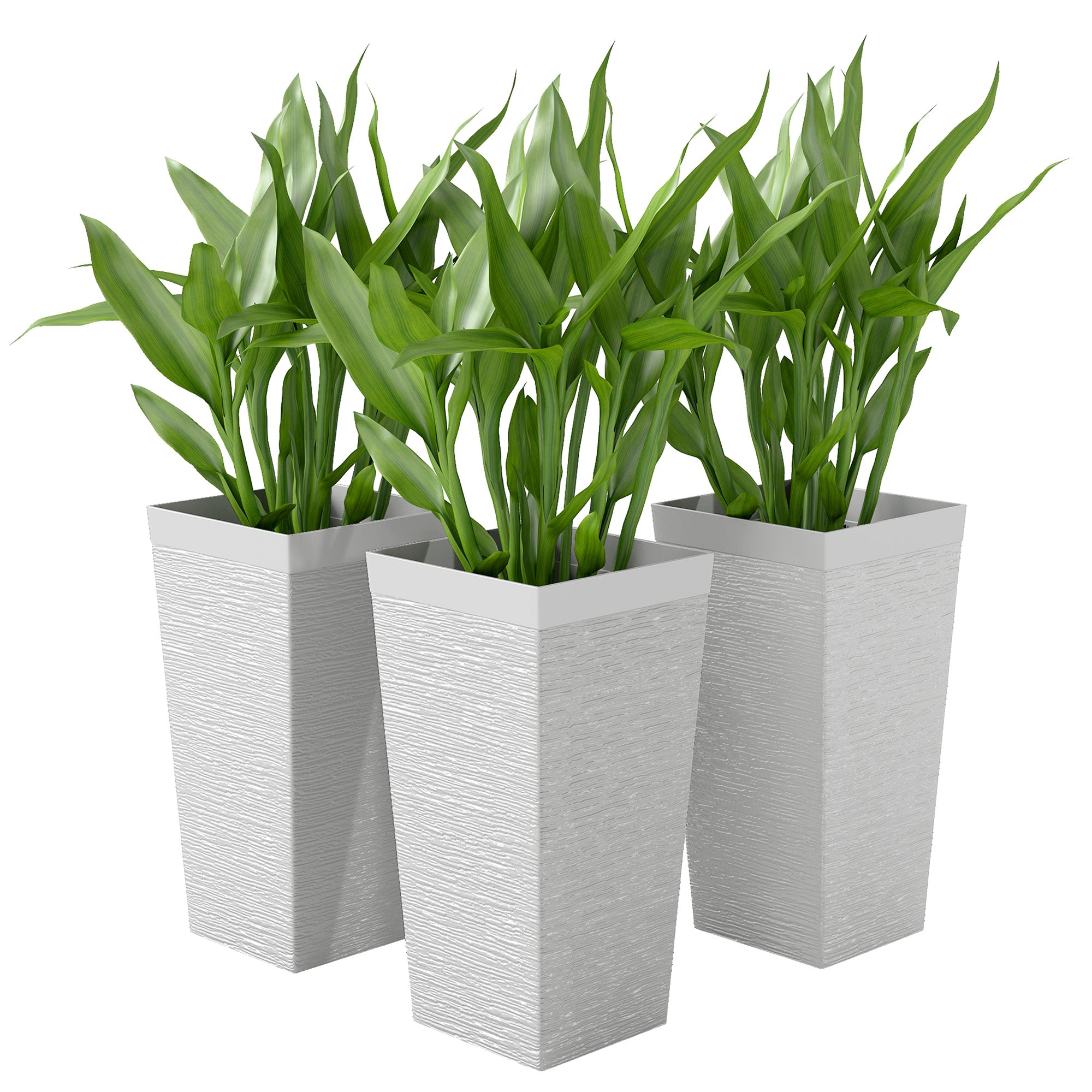 22.8 Inch Set of 3 Outdoor Planters with Stone Finish and Wheels, Stackable Tapered Planters with Drainage Hole, White