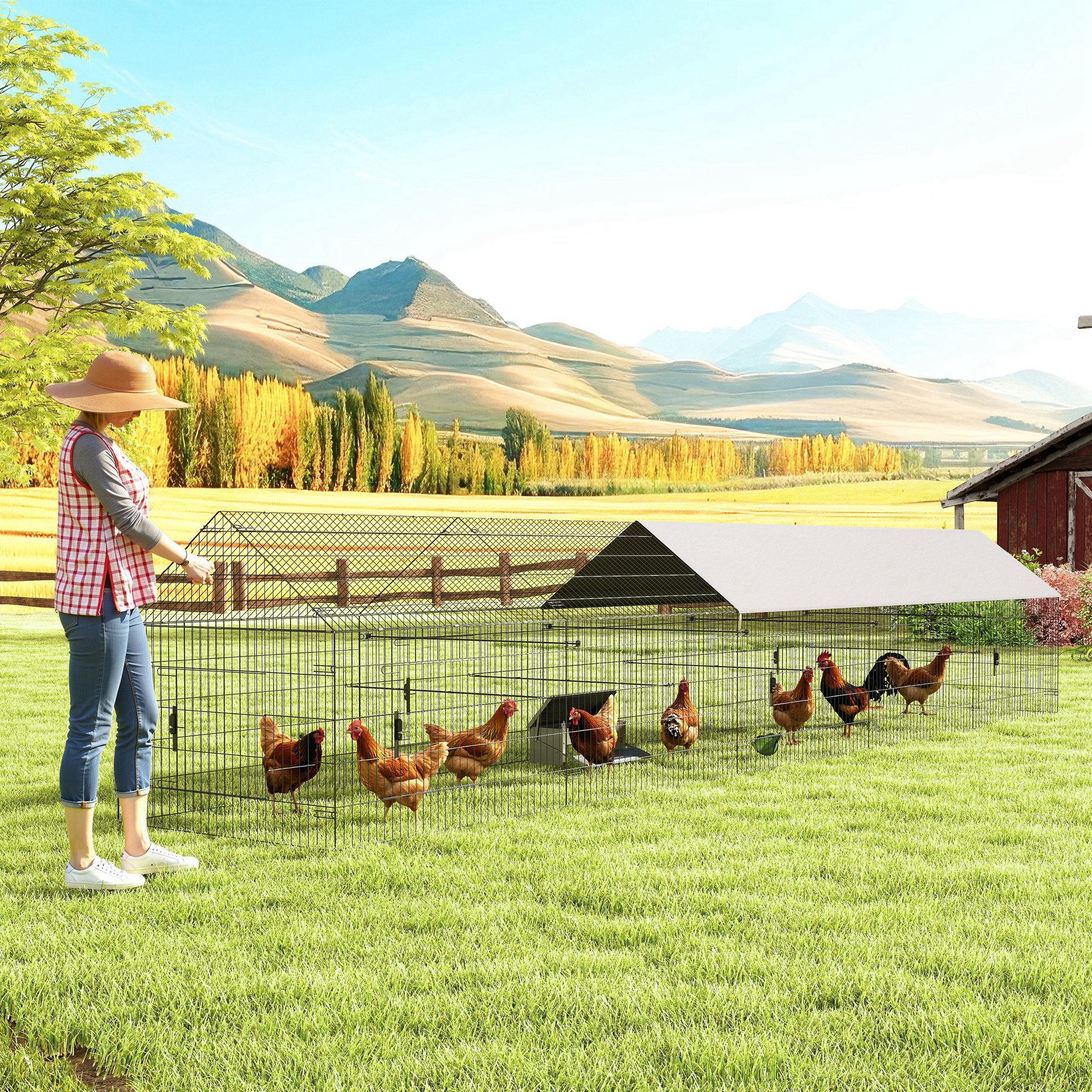 Metal Chicken Coop, Large Chicken Run with Water-Resistant & Anti-UV Cover for 7-9 Hens, Outdoor Hen House with 10 Doors