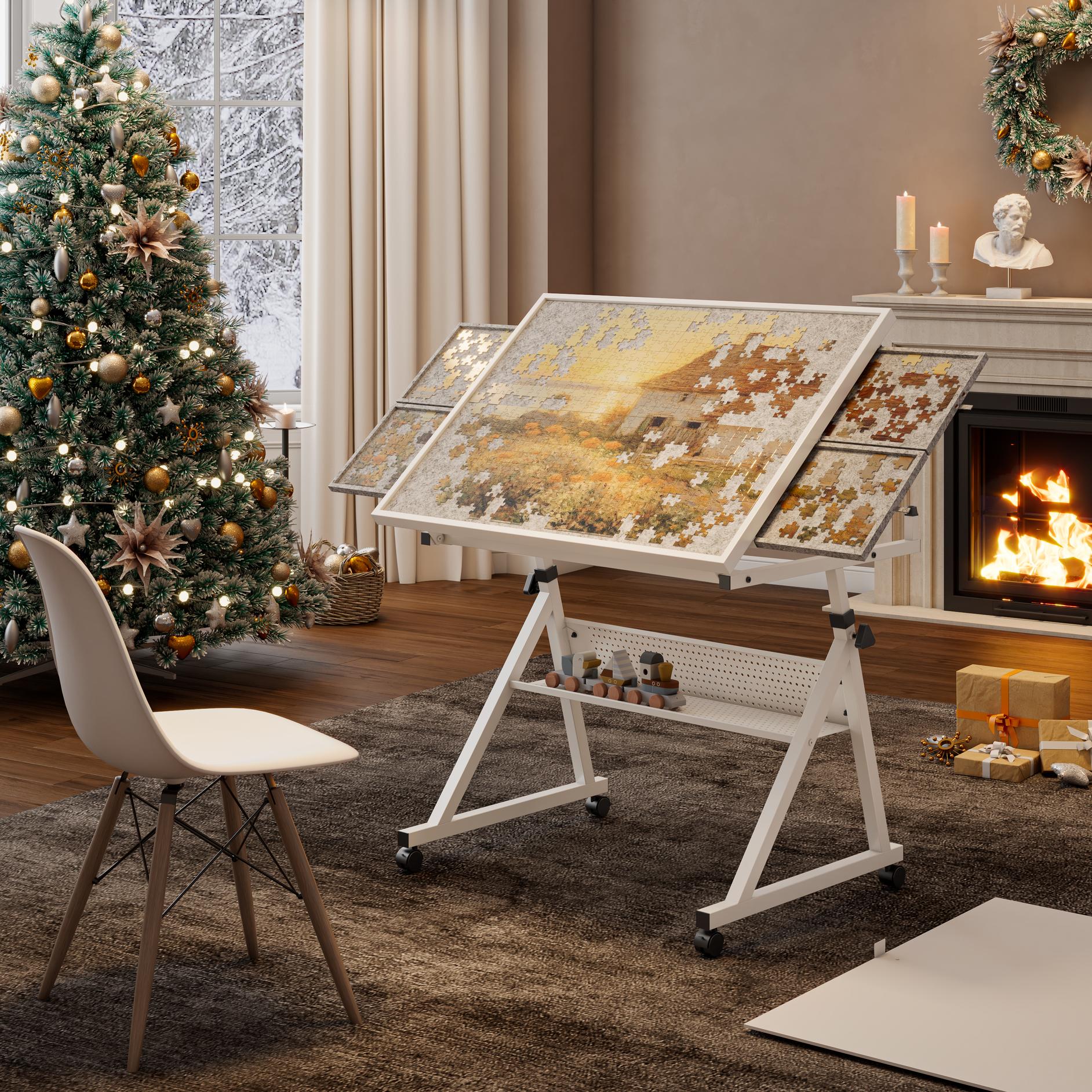 1500-Piece Jigsaw Puzzle Table with 4 Felt Storage Trays, Locking Casters, Drawing Desk with Wooden Cover, 35.5" L x 23.5" W x 29.5" H, White