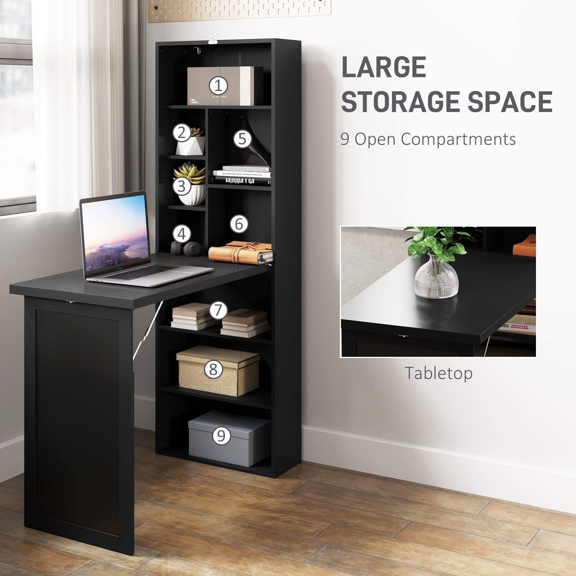 Fold-out Convertible Home Office Desk, Wall Mount Computer Desk with Blackboard and Side Shelf, Black