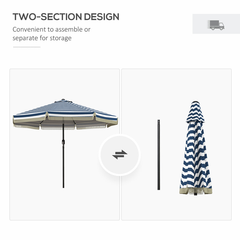 9ft Patio Umbrella Outdoor Table Umbrella w/ Tilt, Crank, Ruffled, 8 Ribs for Garden, Deck, Pool, Blue Stripe