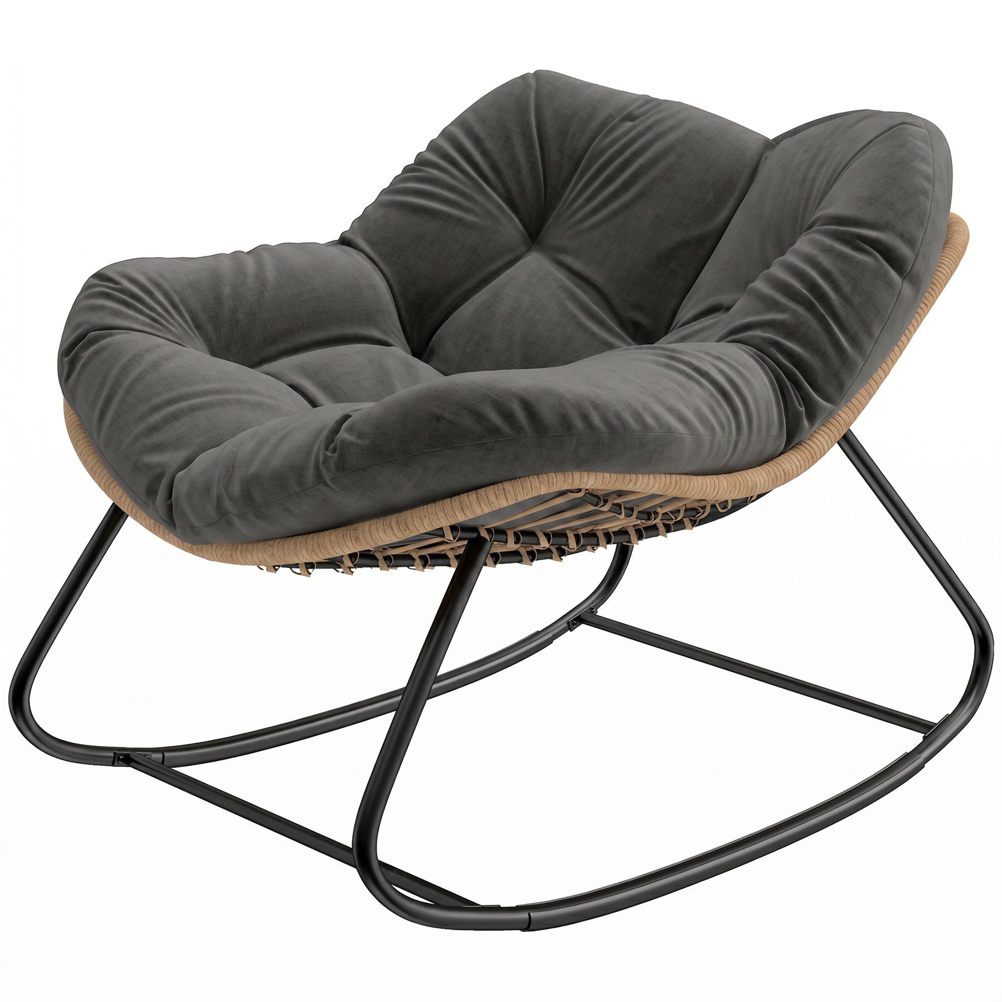 Indoor Outdoor Papasan Rocking Chair, Oversized Rocking Egg Chair with Cushion for Garden, Patio, Dark Gray