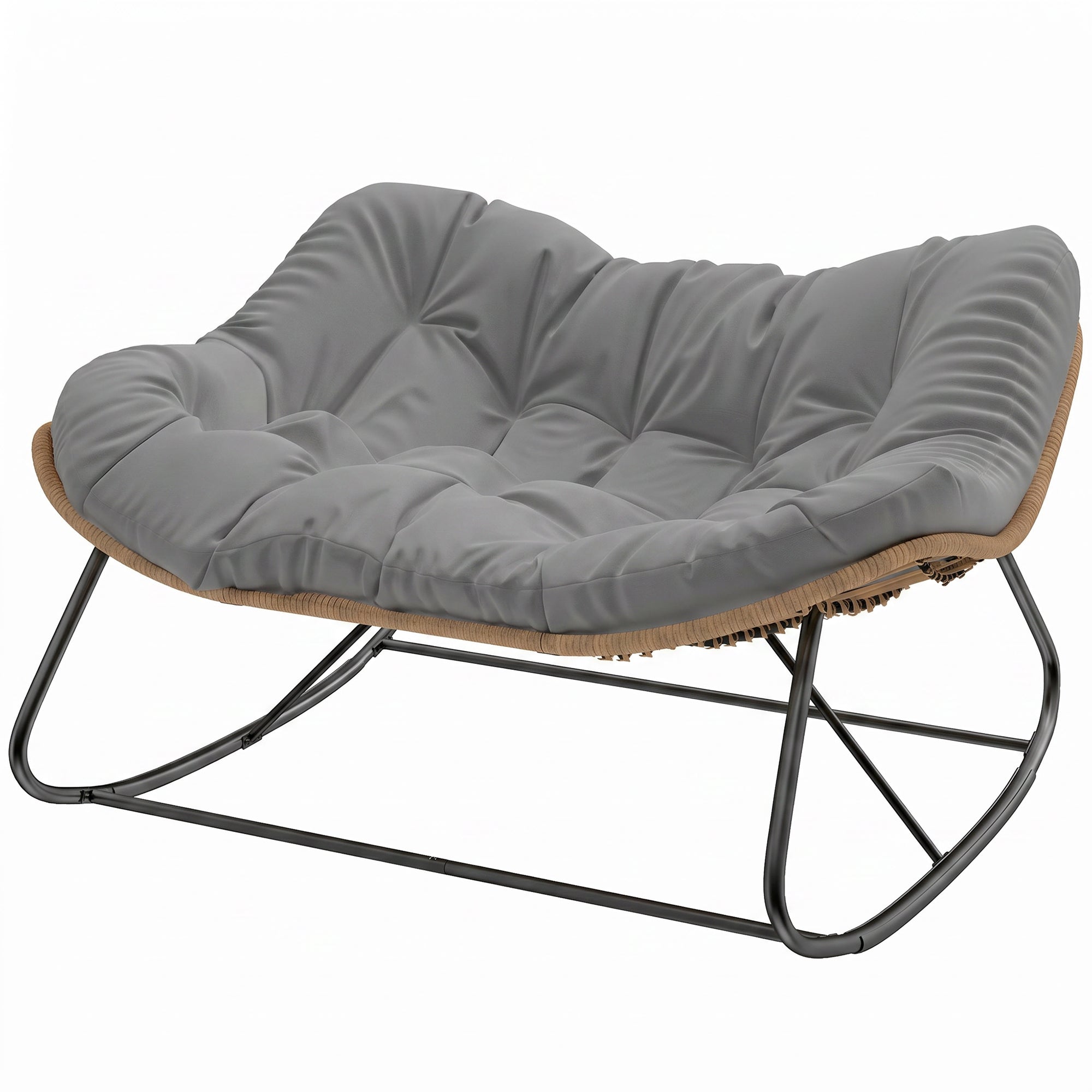 Indoor Outdoor Double Papasan Rocking Chair, Oversized Rocking Egg Chair with Cushion for Garden, Patio, Gray