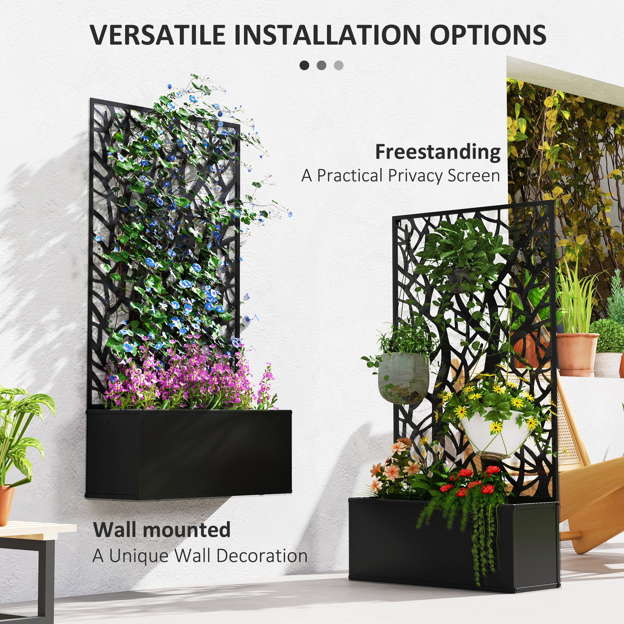 Metal Garden Bed with Trellis for Climbing Plants, Freestanding or Wall Mounted Flower Bed for Garden, Patio, Balcony