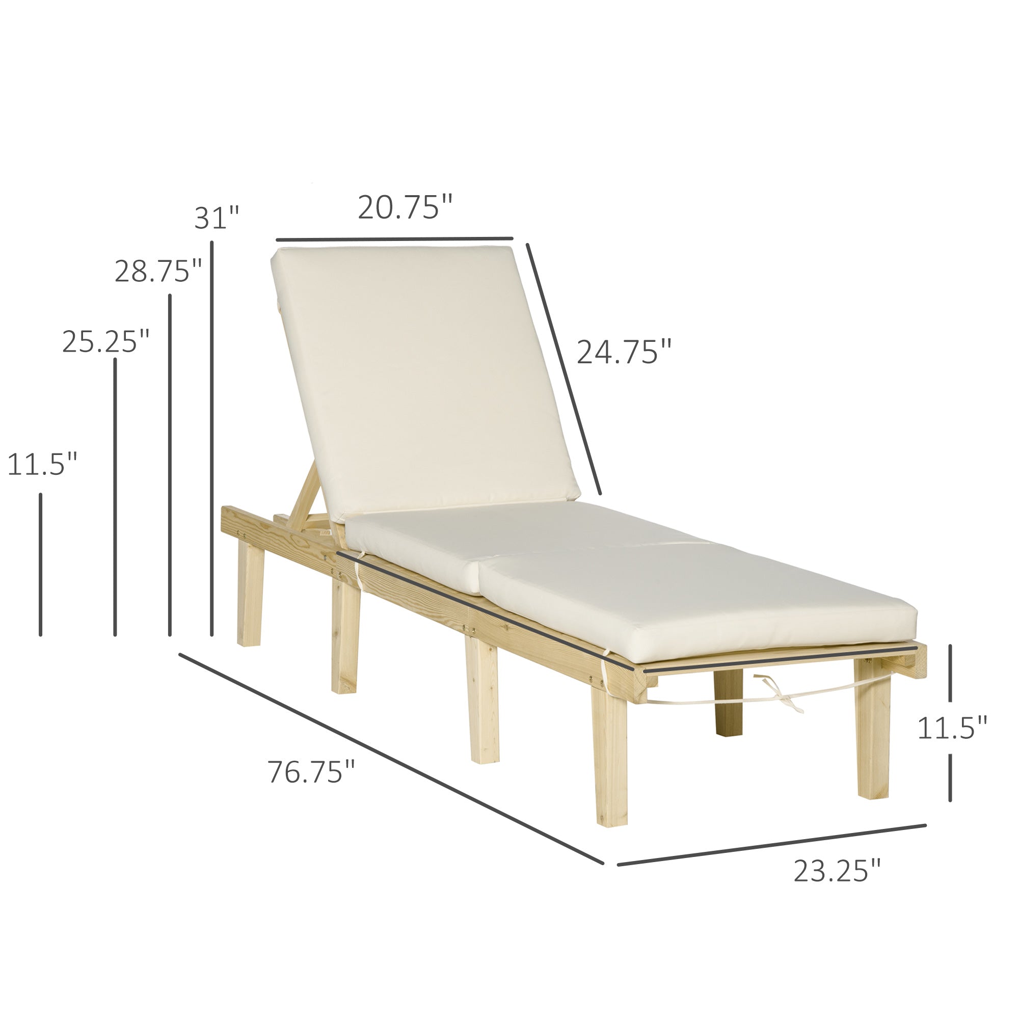 Chaise Lounge Chair Patio Recliner with 4-Position Adjustable Backrest & Cushion, Natural