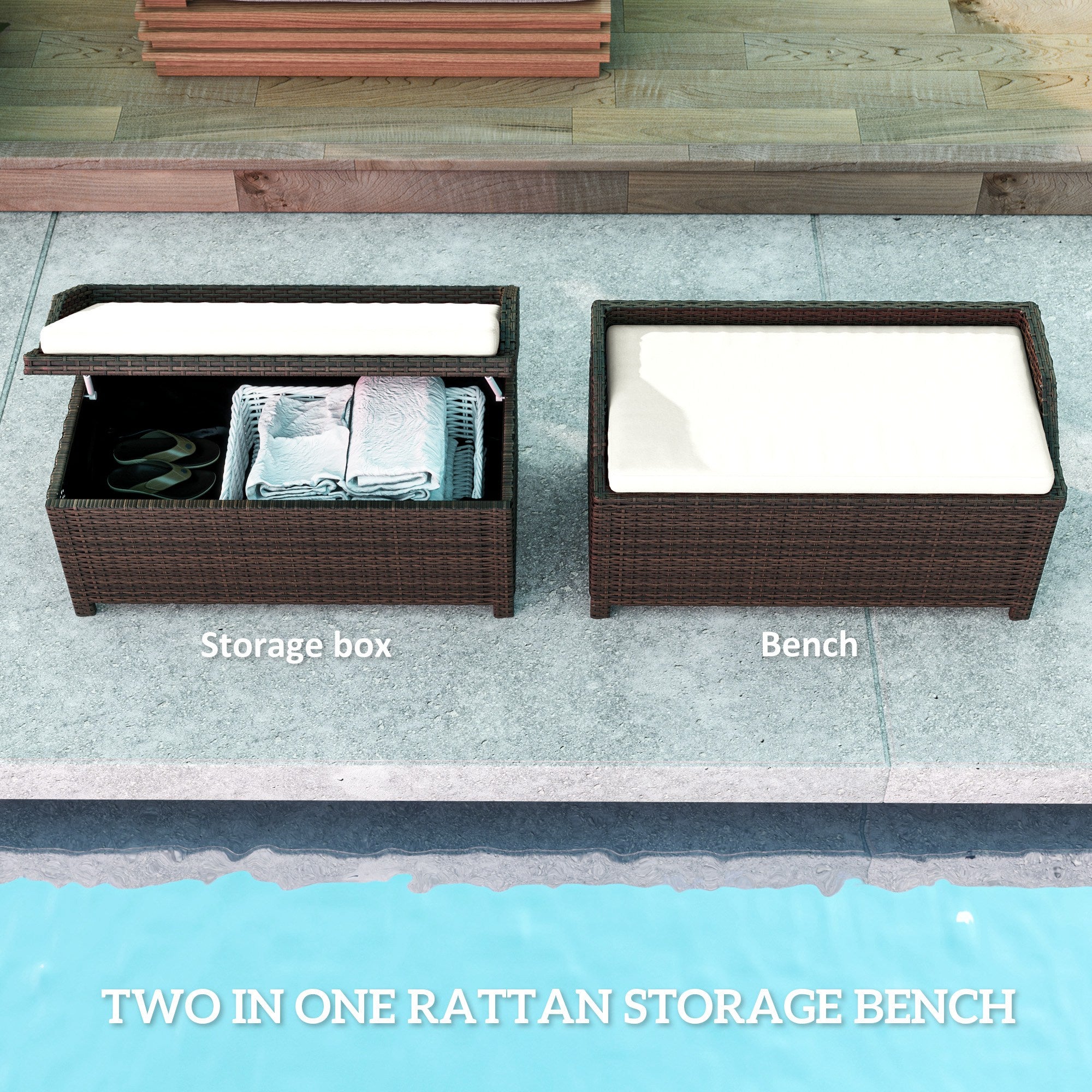 Outdoor Wicker Storage Bench with Storage & Cushion, Cream White