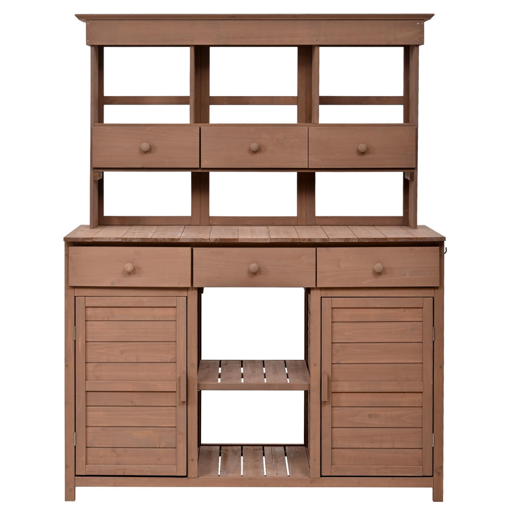 Tall Garden Potting Bench with Hutch & 6 Drawer, Wood Storage Workstation with 3 Shelf & 2 Cabinet, 50'' L x 20.5'' W x 65.5'' H, Brown