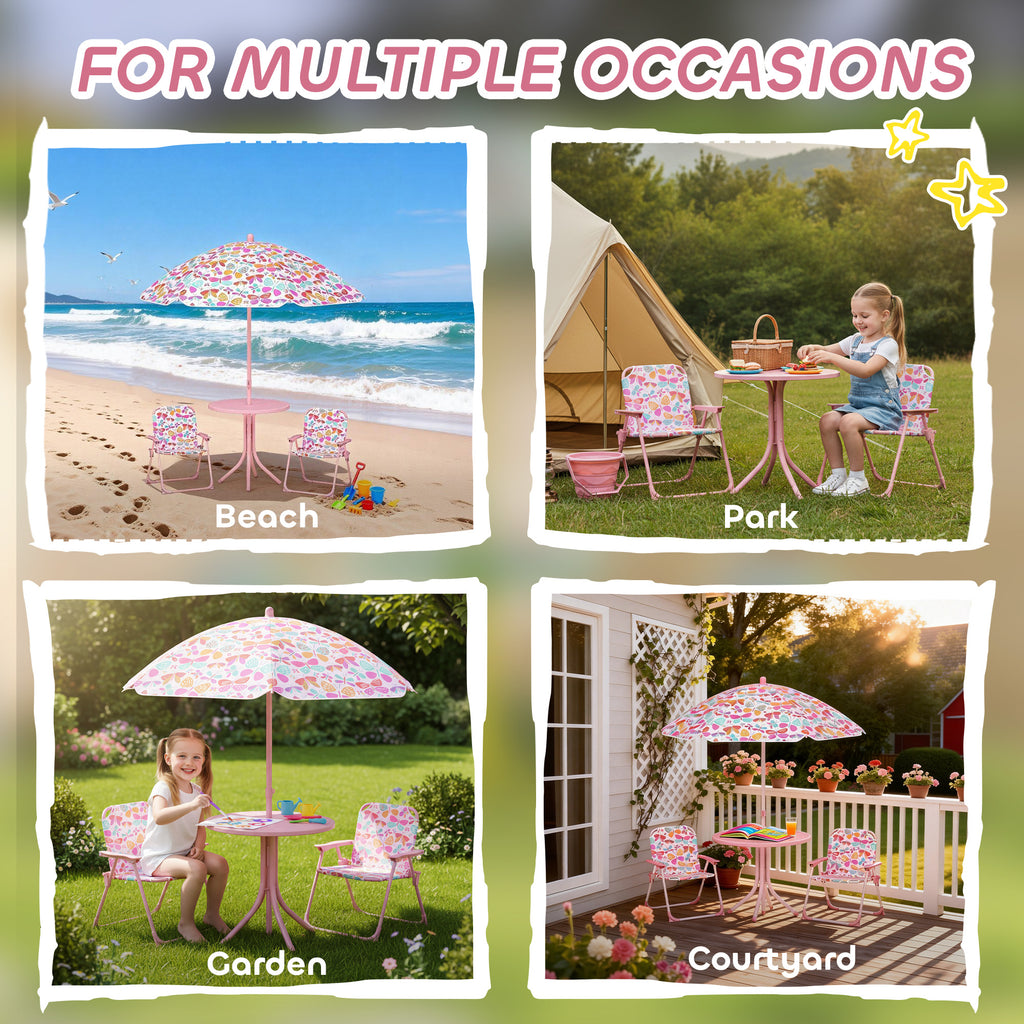Kids Picnic Table and Chair Set, Outdoor Table with Foldable Chairs, Removable Umbrella, Pink