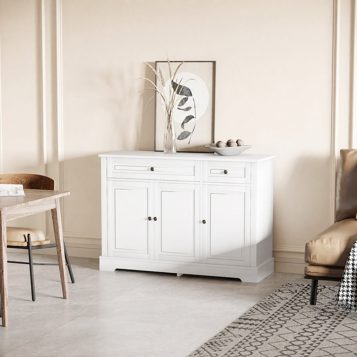 Sideboard Buffet Cabinet, Modern Accent Cabinet with 2 Drawers and Adjustable Shelves, Entryway Cabinet, White