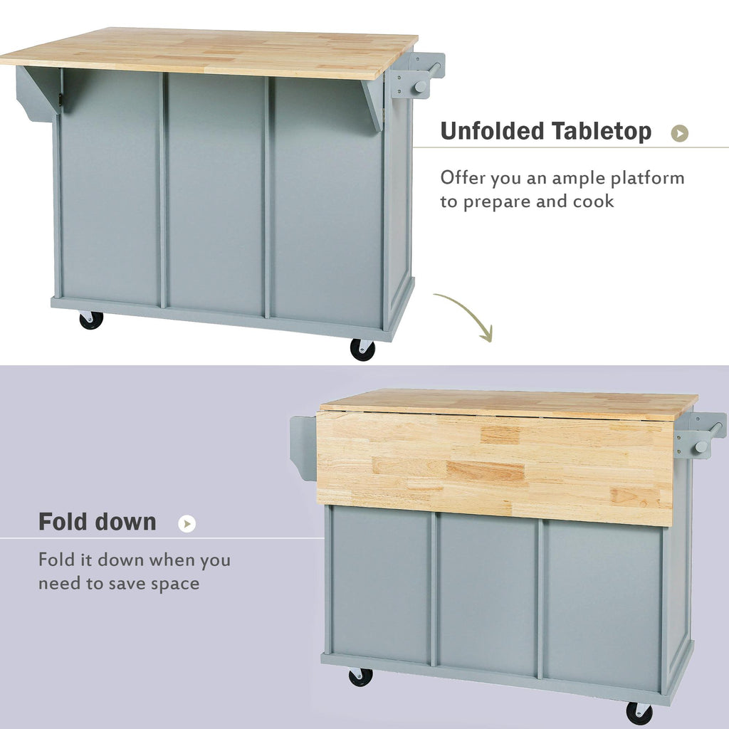 Kitchen Cart with Wood Drop-Leaf Countertop, Internal Storage Racks, Utility Island with Cabinets and Drawers, 53" L x 29.5" W x 37" H, Blue