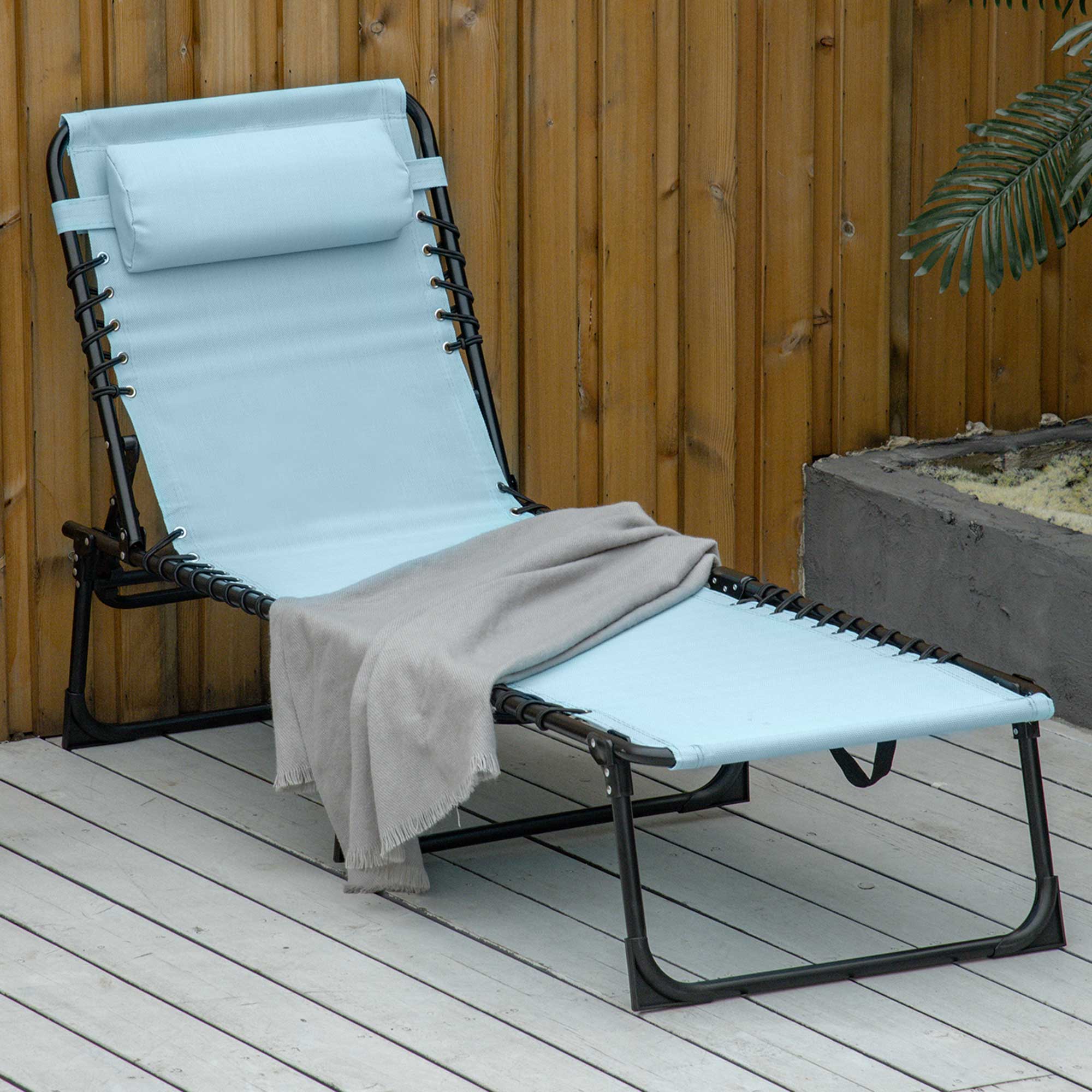 Folding Chaise Lounge Pool Chair with 4-Position Reclining Back, Pillow, Breathable Mesh & Bungee Seat, Baby Blue