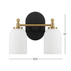 Vortex Two Lights Vanity Wall Sconce with White Frosted Glass, Traditional Style for Over Bathroom Mirror, 10.5" L x 5.5" W x 10" H, Gold+White