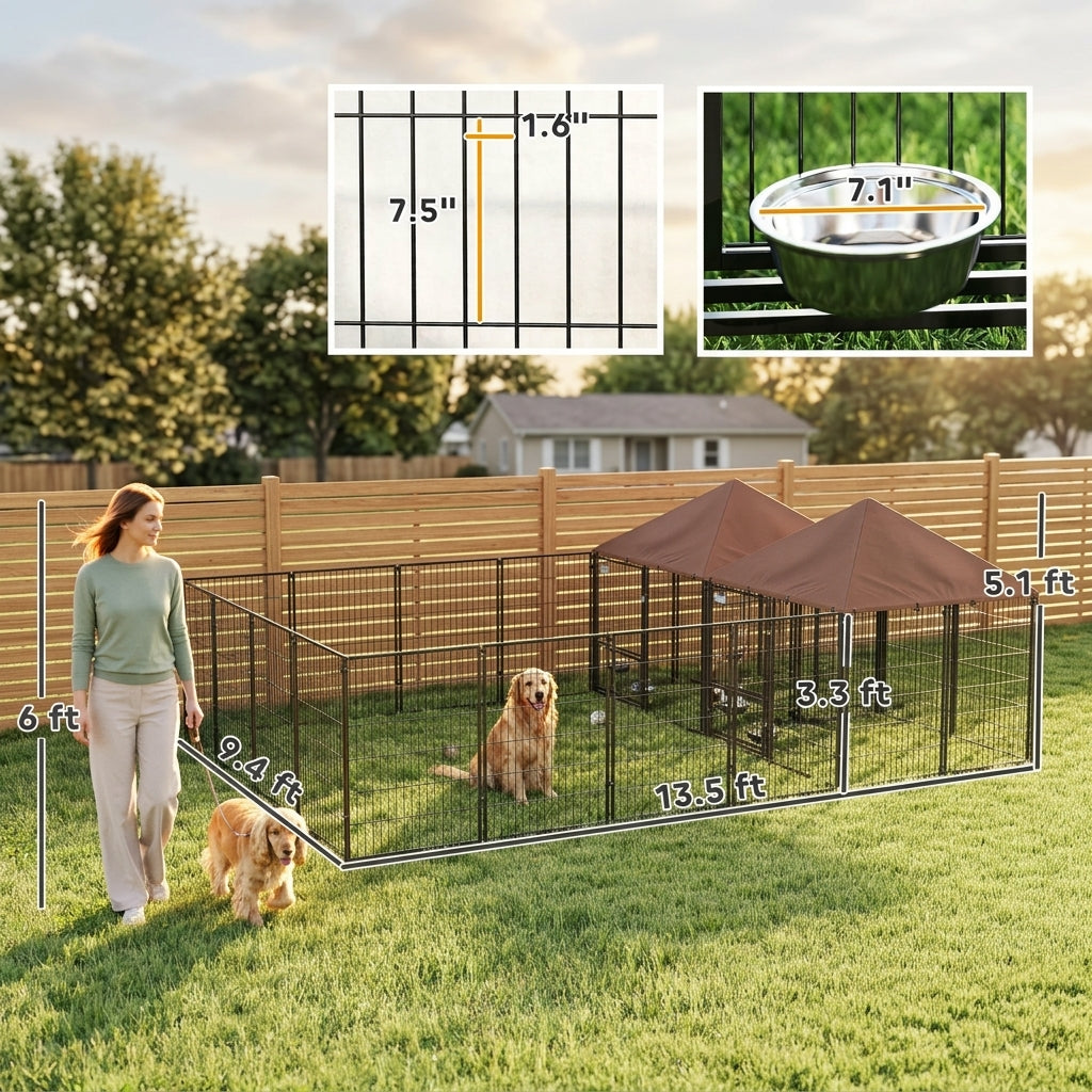 Large Outdoor Dog Kennel with 2 Rooms, Rotating & Adjustable Height Bowls, 13.5' x 9.4' x 5.1'