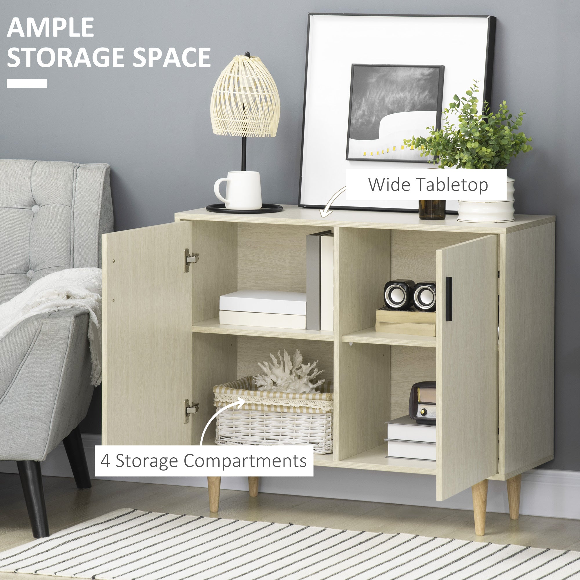 Sideboard Buffet Cabinet with Double Doors, Adjustable Shelves and Wood Legs for Living Room, Natural