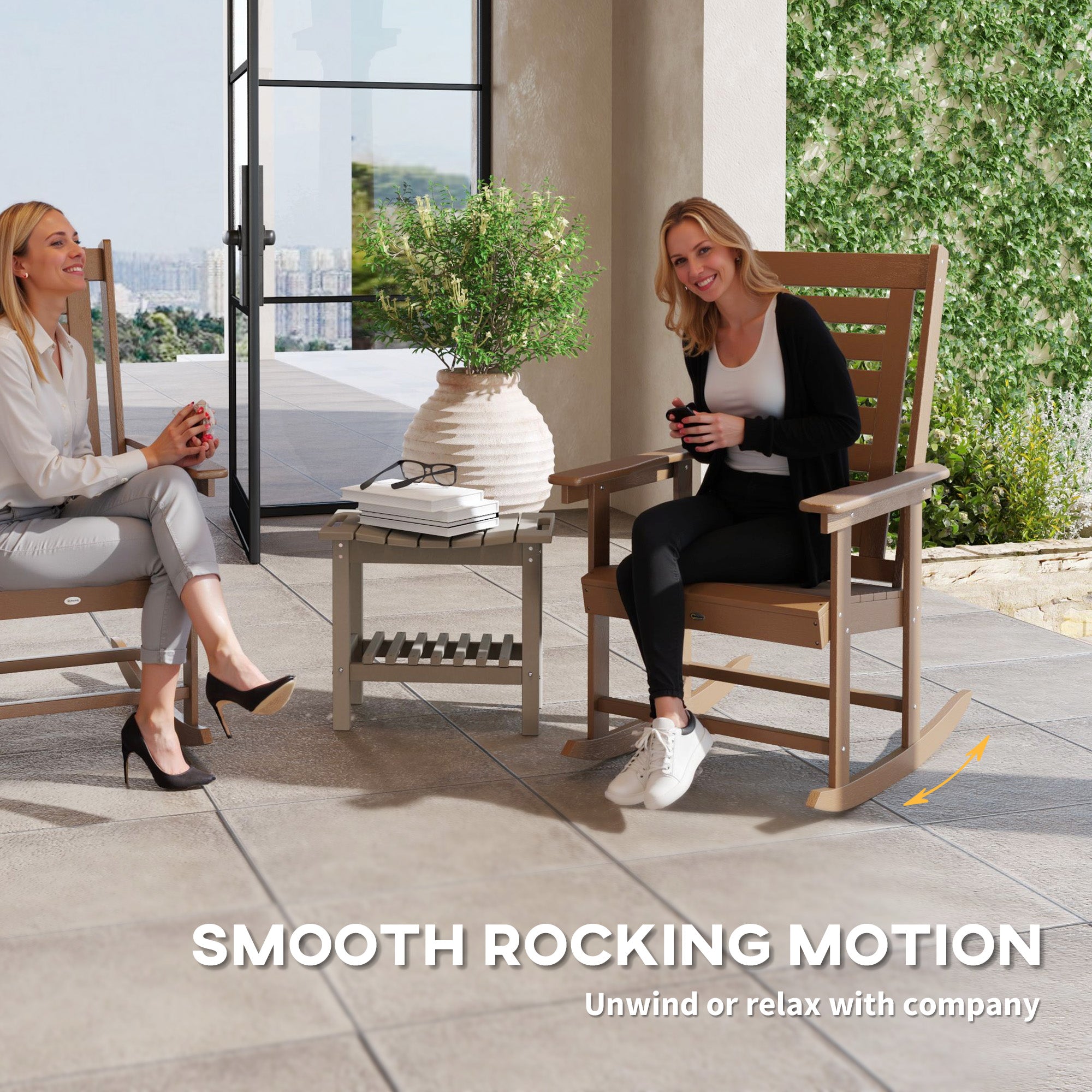 2 Pieces Outdoor Rocking Chairs, HDPE Patio Rockers with 28" High Back, Wide Armrests for Porch Backyard, Brown