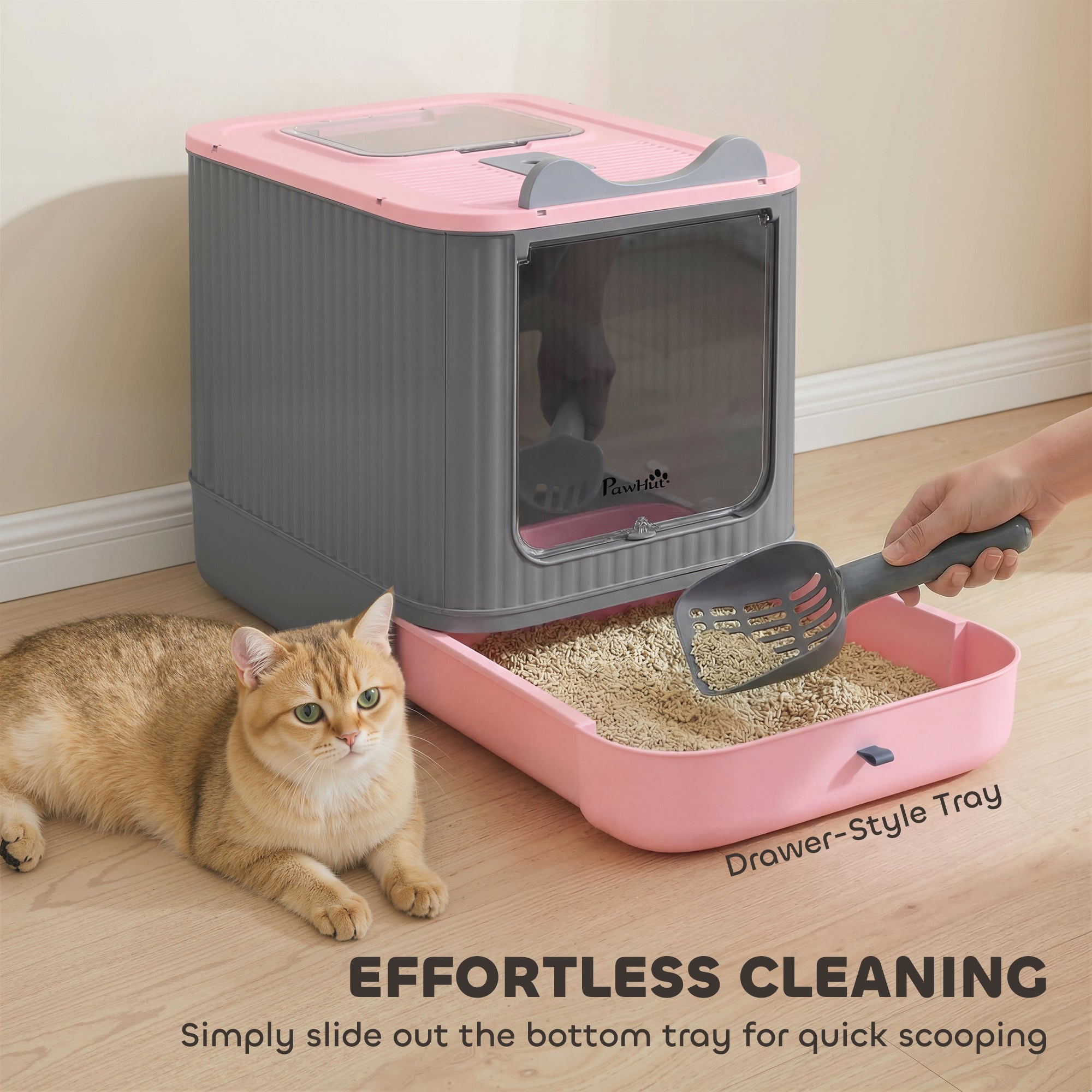 Cat Litter Box with Lid, Enclosed Litter Box for Medium Cats, Front-Entry and Top-Exit, Scoop, Deodorizer Bag, Pink