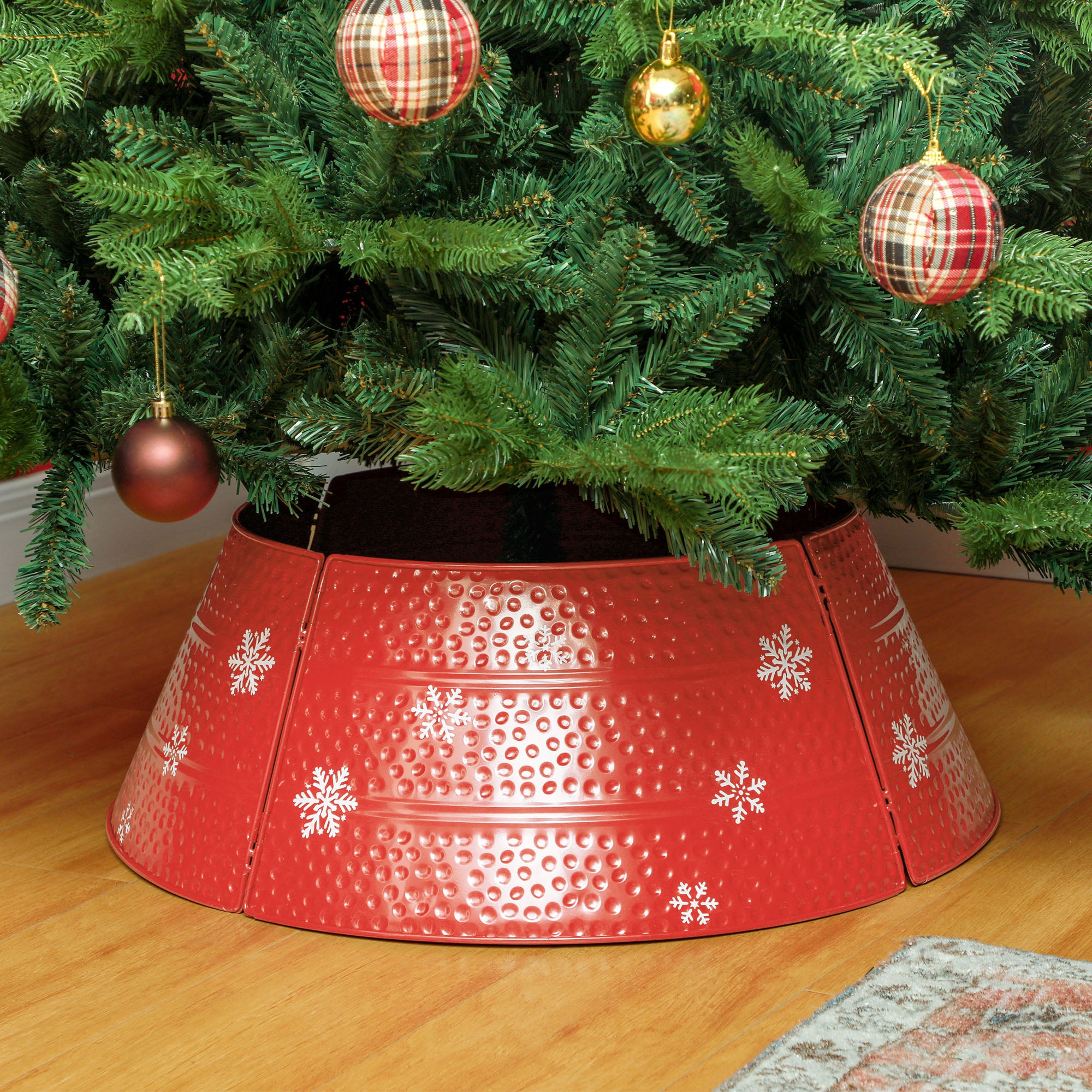 Christmas Tree Collar, Steel Tree Ring Skirt, Home Xmas Decoration for Christmas Tree, 26" x 26" x 9", Red