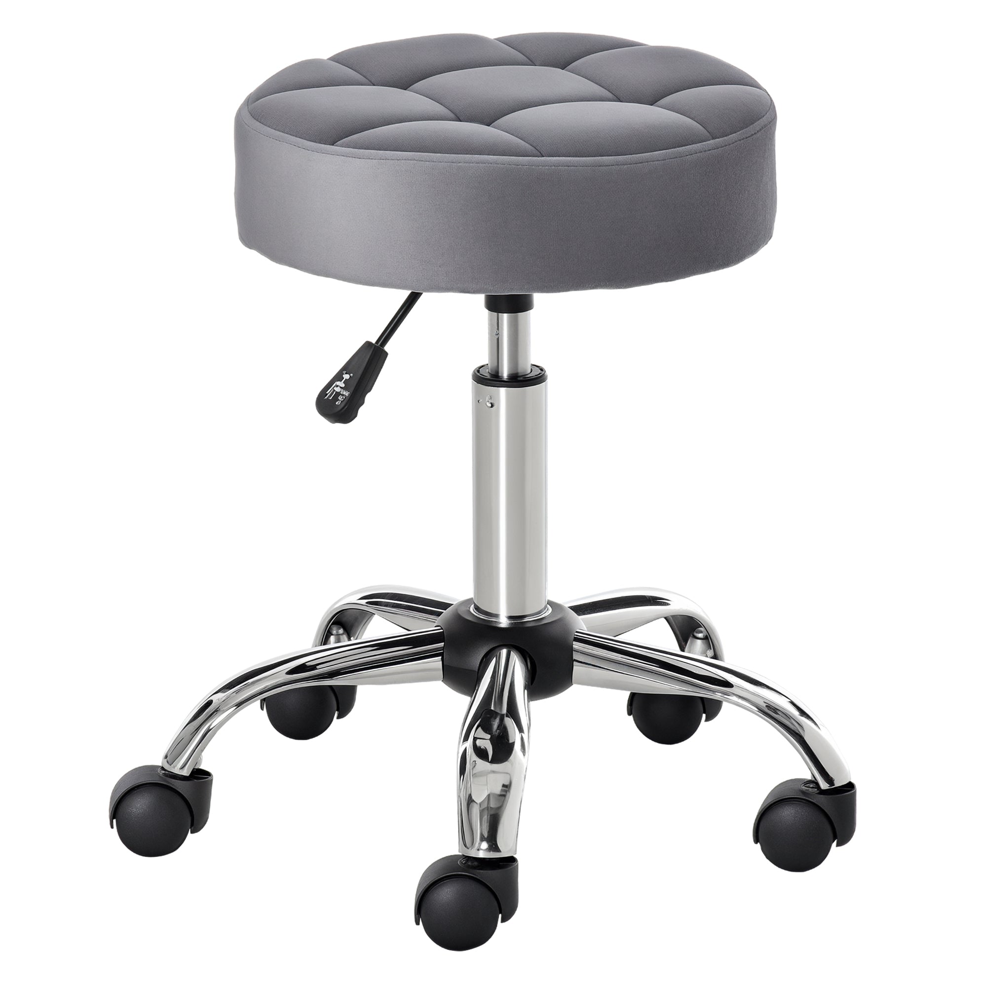 Round Rolling Stool, Height Adjustable Vanity Chair, Upholstery Office Chair with Swivel Seat and Wheels, Grey