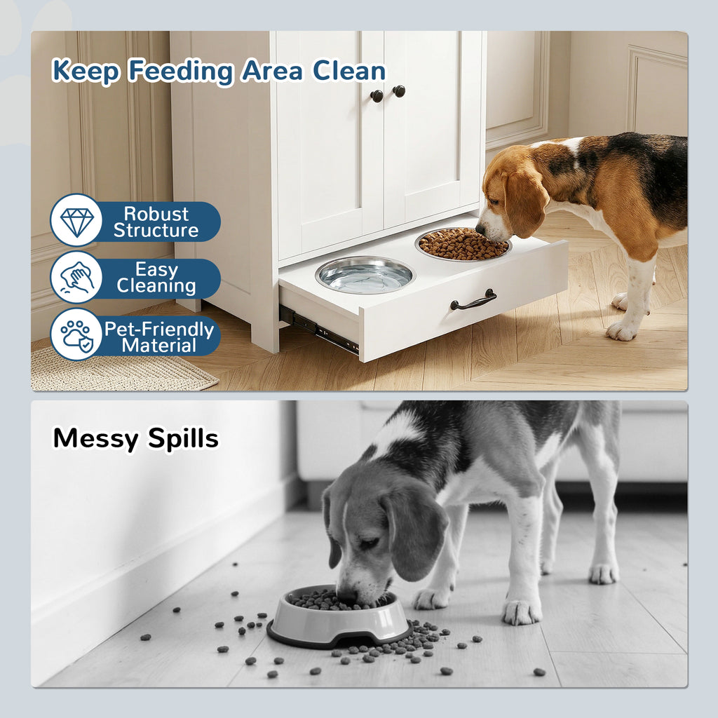Pet Feeding Station, Dog Food Storage Cabinet w/ Raised Dog Bowls, Adjustable Panel, Hooks for Medium Dogs, White