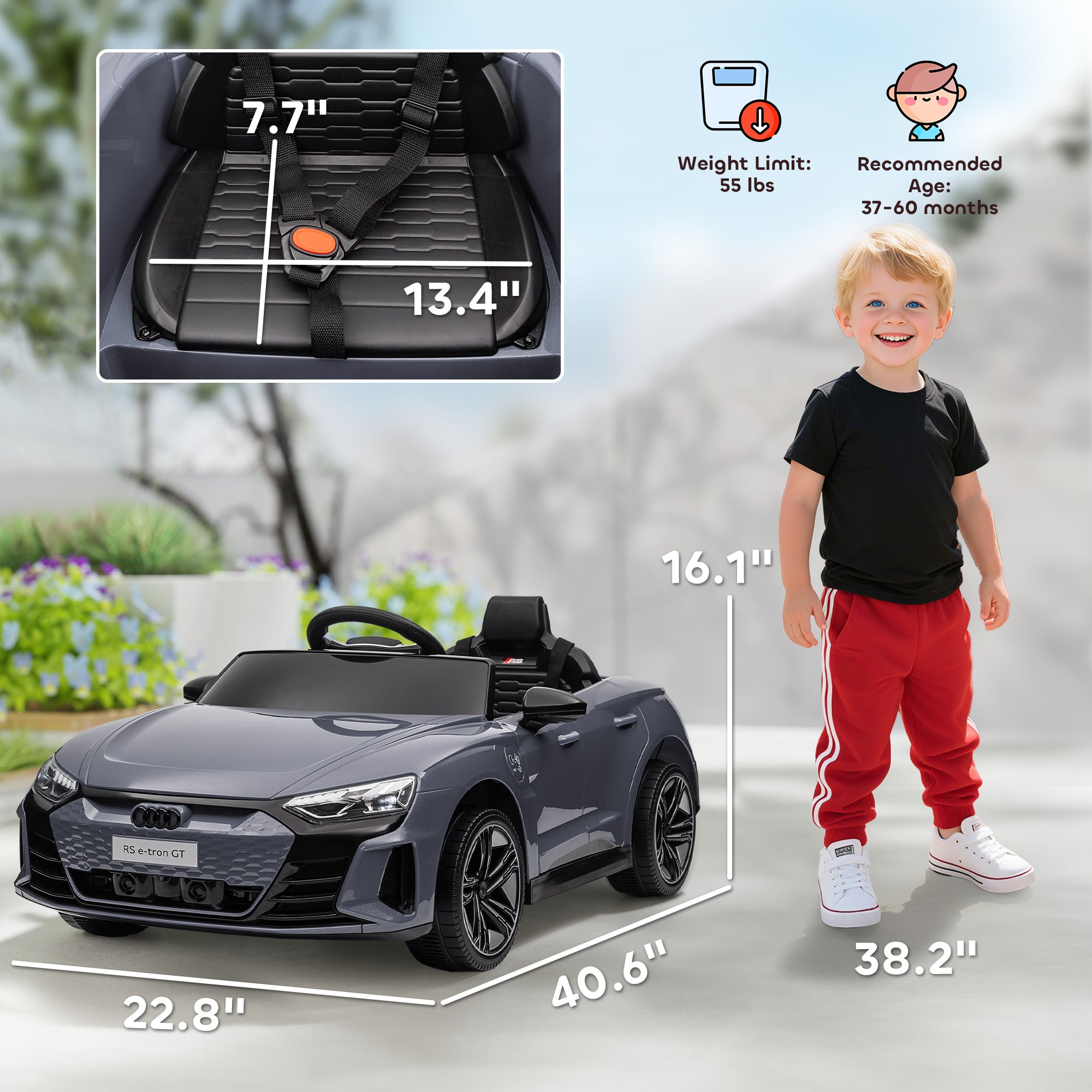 12V Licensed RS E-tron GT Kids Ride on Car with Remote Control, Suspension, Horn, Music, Lights, Gray