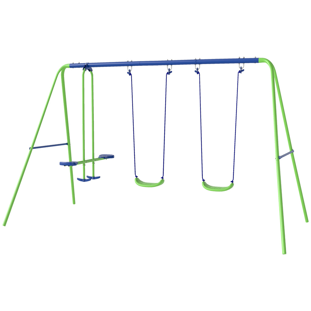 Metal Swing Set with Glider, Two Swing Seats and Adjustable Height, Outdoor Heavy Duty A-Frame Suitable for Playground, Backyard, Green