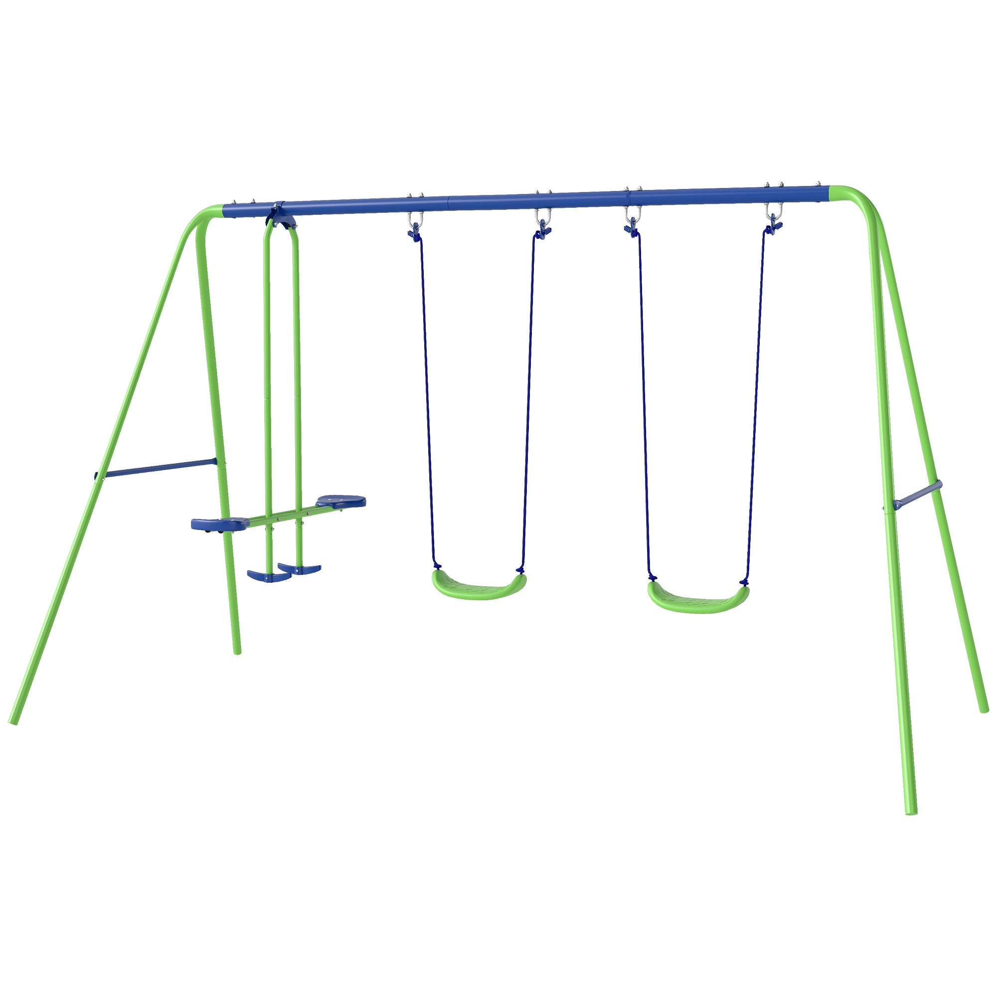 Metal Swing Set with Glider, Two Swing Seats and Adjustable Height, Outdoor Heavy Duty A-Frame Suitable for Playground, Backyard, Green