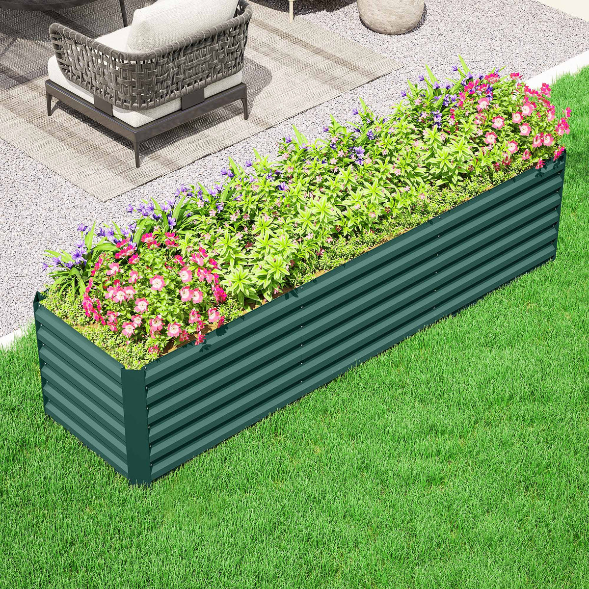 8x2x2ft Galvanized Raised Garden Bed Kit with Safety Edging for Flowers, Herbs and Vegetables, Green