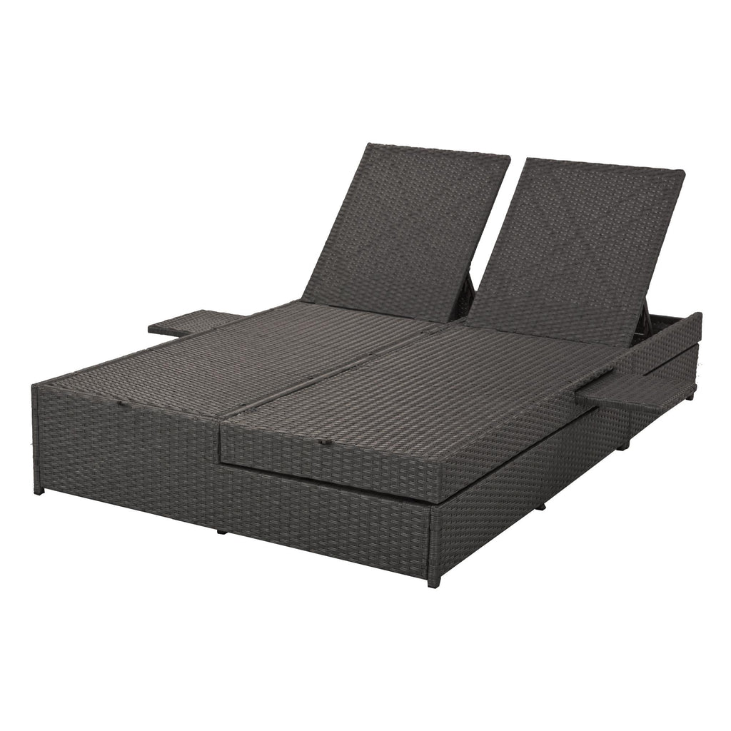Outdoor Patio Sunbed with Adjustable Backrest & Side Tray, Wicker Rattan Lounger with Thick Cushion, 47" L x 29.5" W x 15" H, Gray