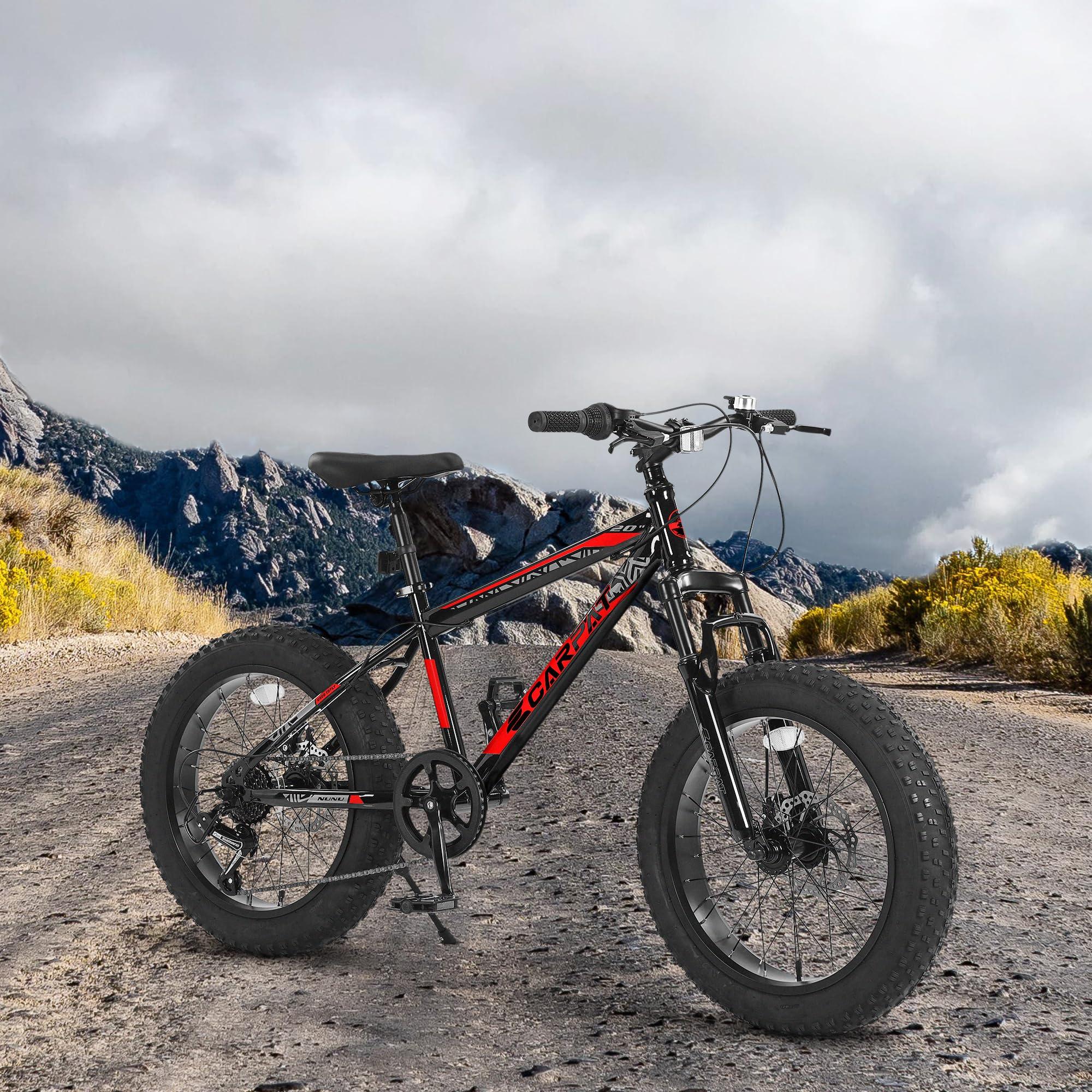 20" Kids' Fat Tire Mountain Bike with 7-Speed Drivetrain, and Dual Disc Brakes, for Ages 8-12, 63" L x 24.5" W x 35" H, Black+Red