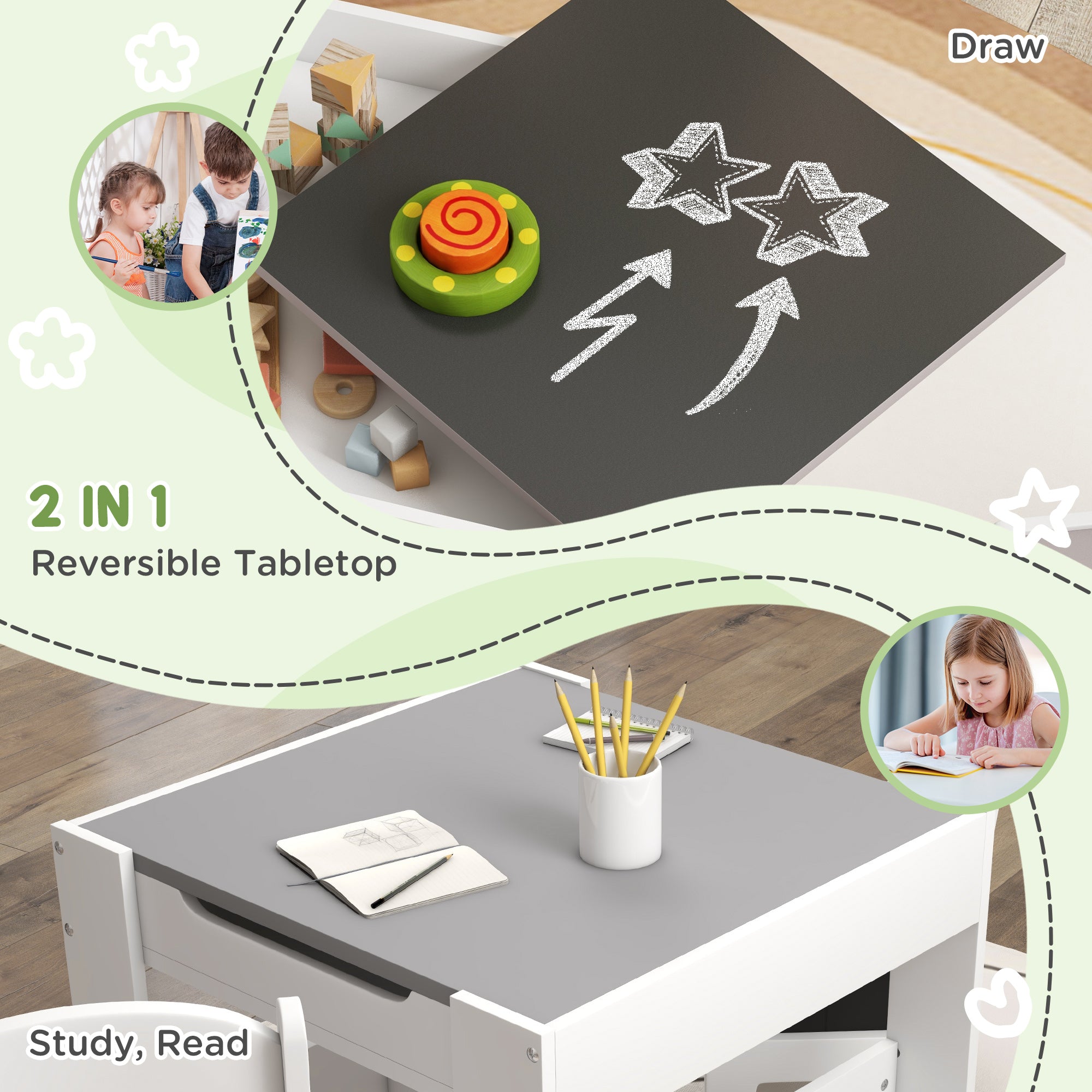 3pc Kids Table and Chair Set with Reversible Tabletop Blackboard, Storage & Bookshelves, Gray