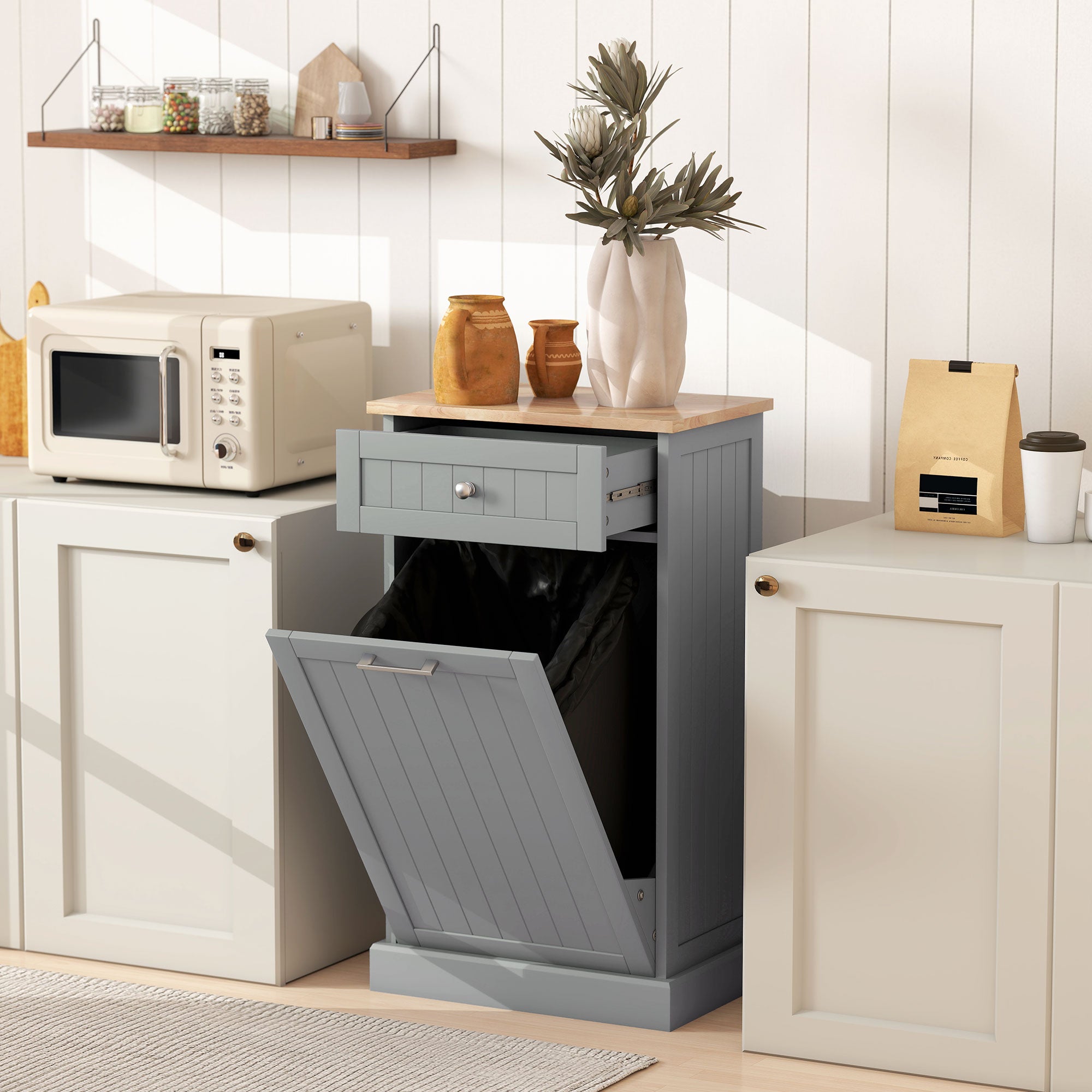 10 Gallon Tilt Out Trash Cabinet, Wooden Hidden Trash Can with Storage Drawer for Kitchen, Laundry Hamper Cabinet for Bathroom, Gray