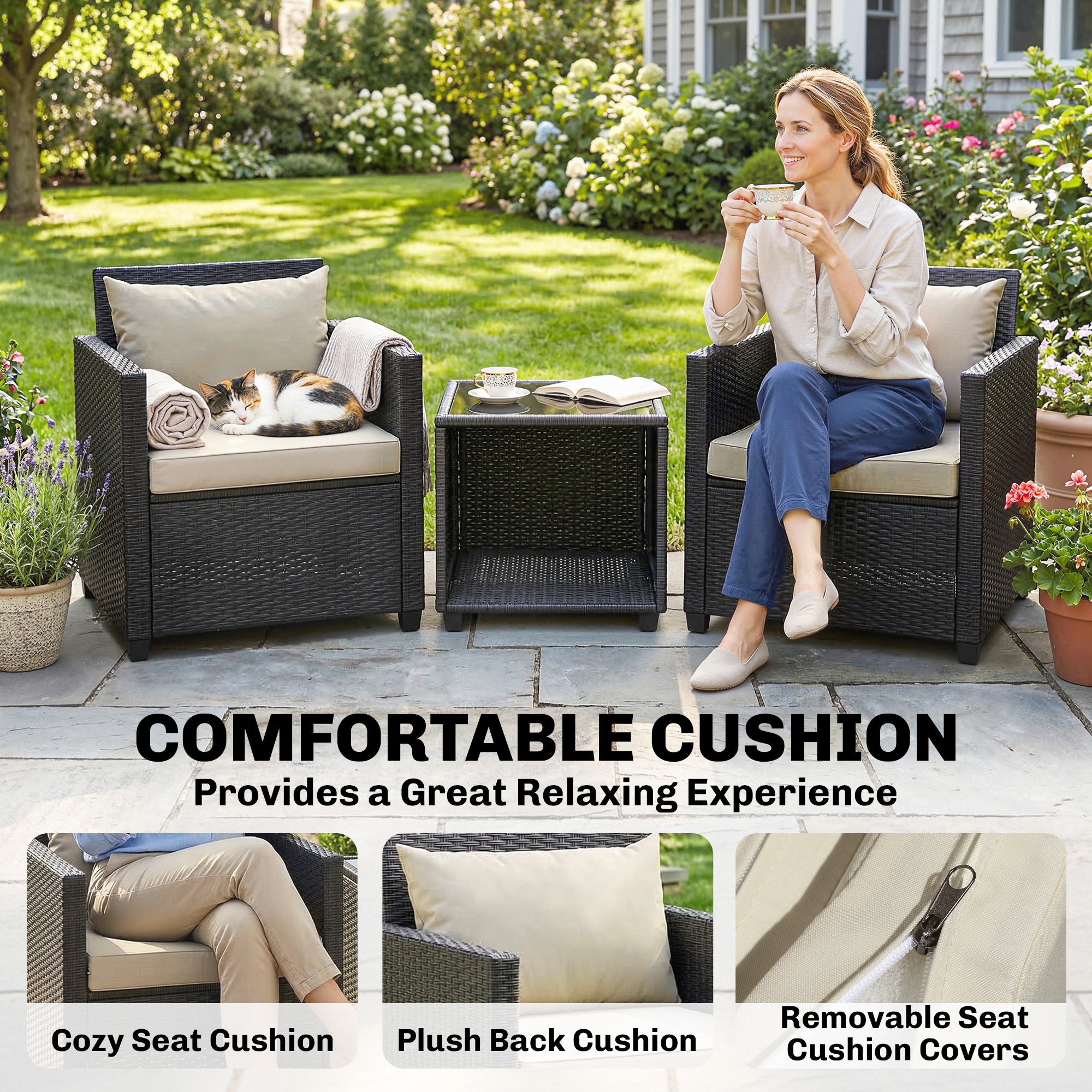 3 Piece Patio Bistro Set, Wicker Furniture Set with Thick Cushions, Glass Coffee Table and Chairs for Garden, Beige