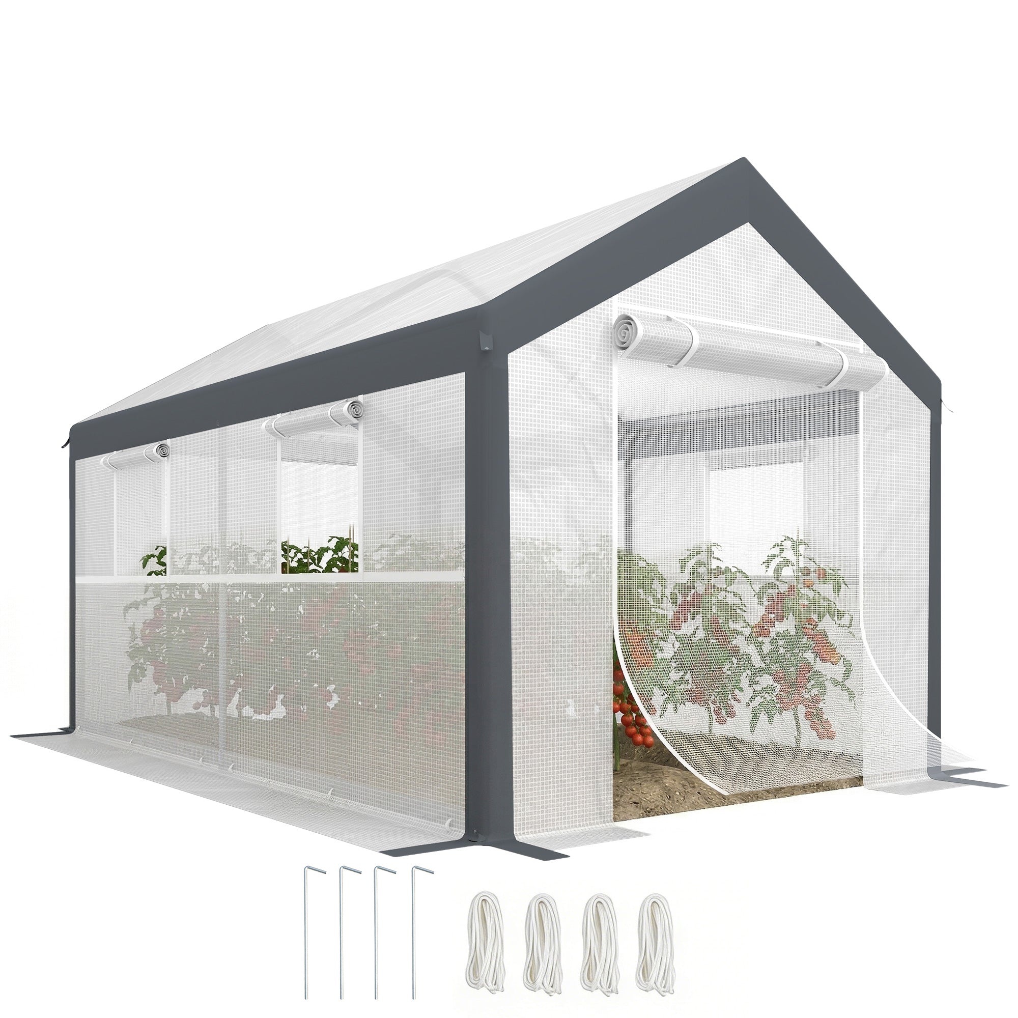 12' x 7' x 7' Greenhouse, Walk-in Outdoor Tunnel Green House with PE Cover, Steel Frame, 2 Roll-Up Zipper Doors & 4 Windows for Flowers, Vegetables, Tropical Plants, White/Dark Gray
