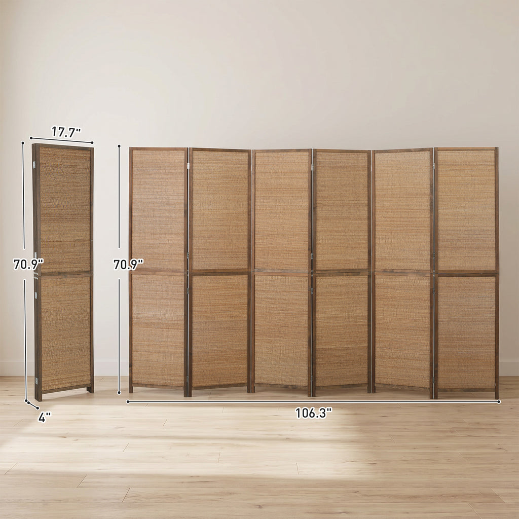 Room Divider, 6 Panel Folding Privacy Screen, 6 FT Tall Hand-Woven Bamboo Wall Partition, Brown