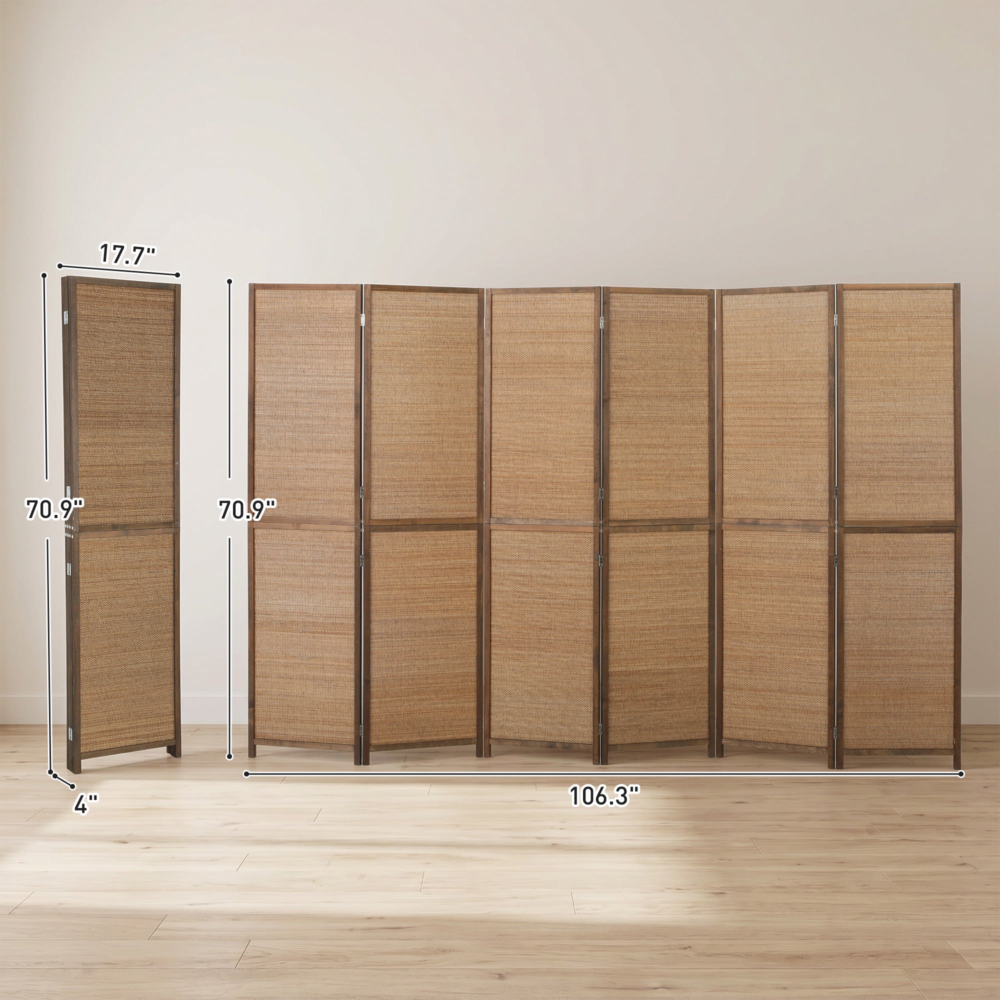 Room Divider, 6 Panel Folding Privacy Screen, 6 FT Tall Hand-Woven Bamboo Wall Partition, Brown
