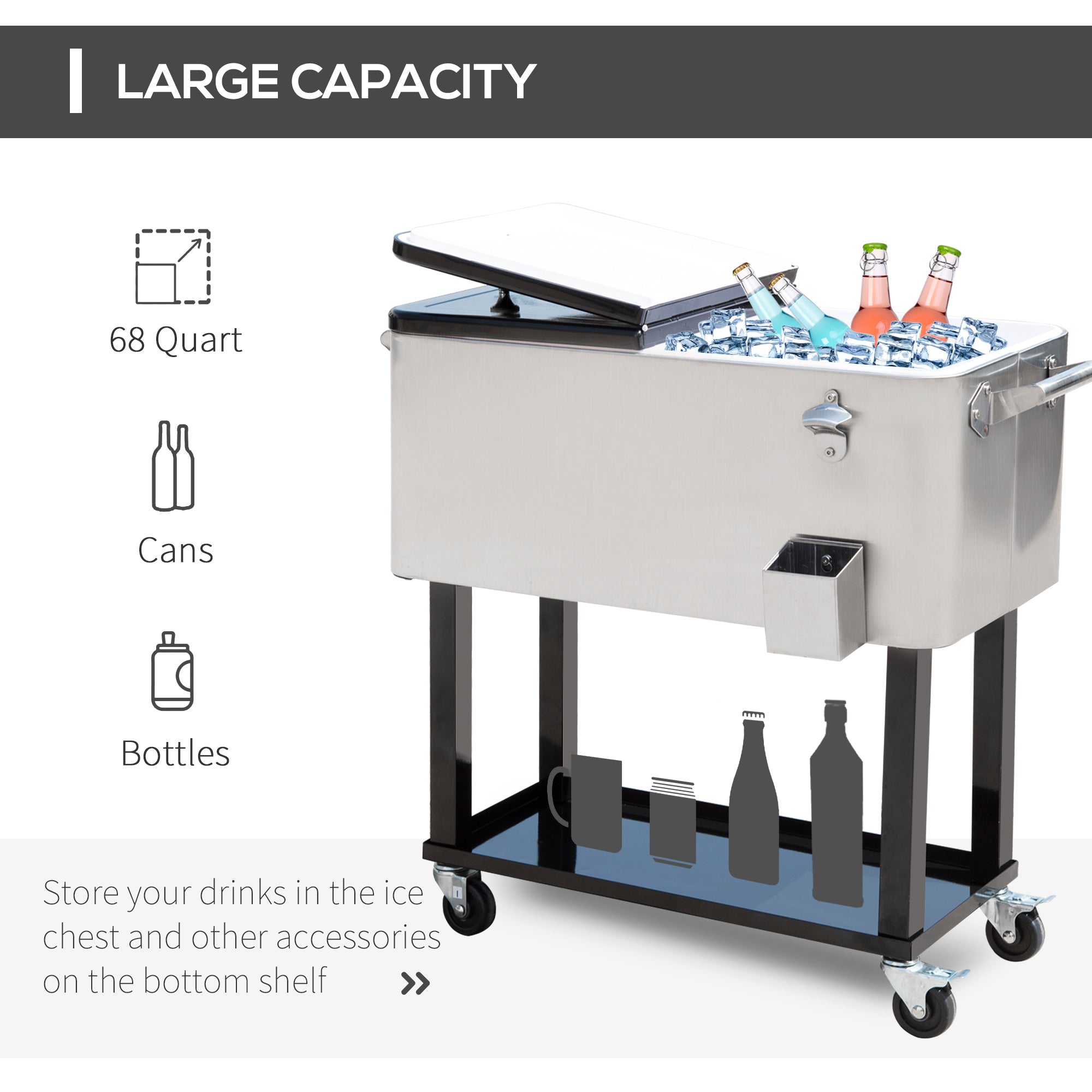 80 QT Rolling Cooling Bins Ice Chest on Wheels Outdoor Stand Up Drink Cooler Cart for Party, Silver