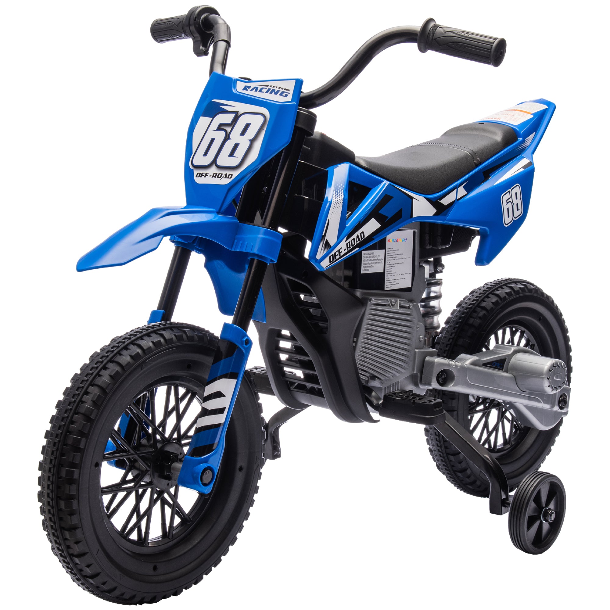12V Kids Electric Motorcycle w/ Twist Grip Throttle, Training Wheels, Rear Suspension & Music, Blue