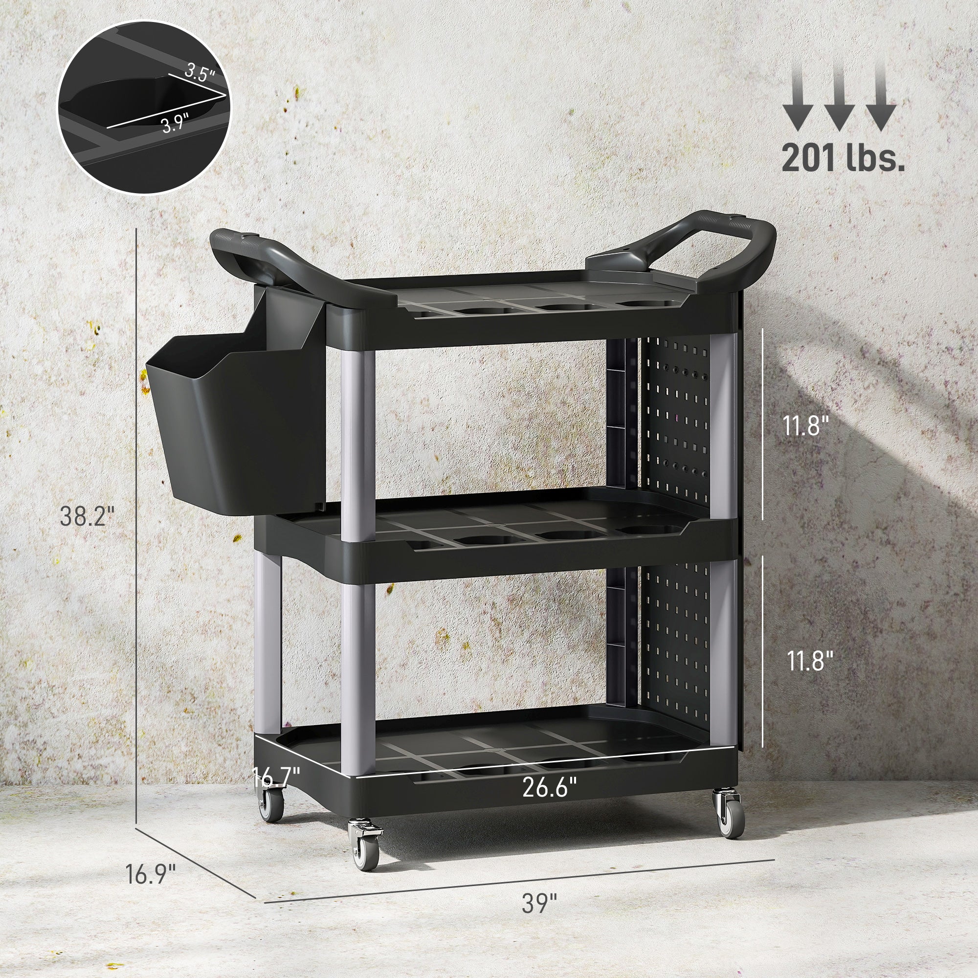 3-Tier Rolling Tool Cart, 200 LBS Capacity Plastic Utility Cart with Side Shelf and Bucket, Black and Light Gray