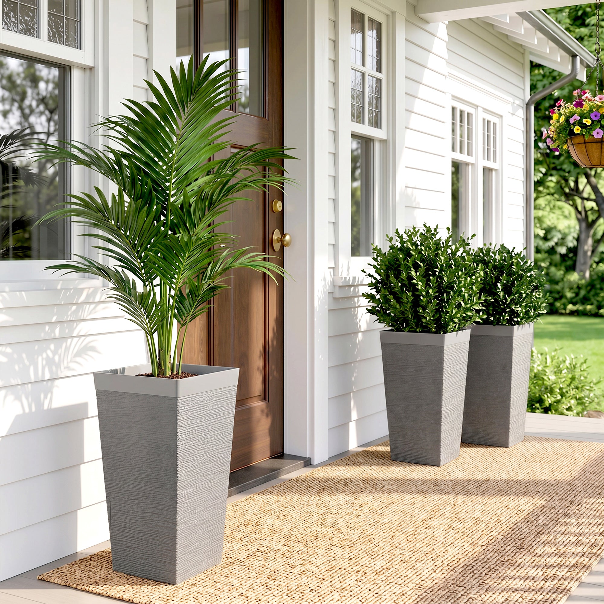 22.8 Inch Set of 3 Outdoor Planters with Stone Finish and Wheels, Stackable Tapered Planters with Drainage Hole, Gray