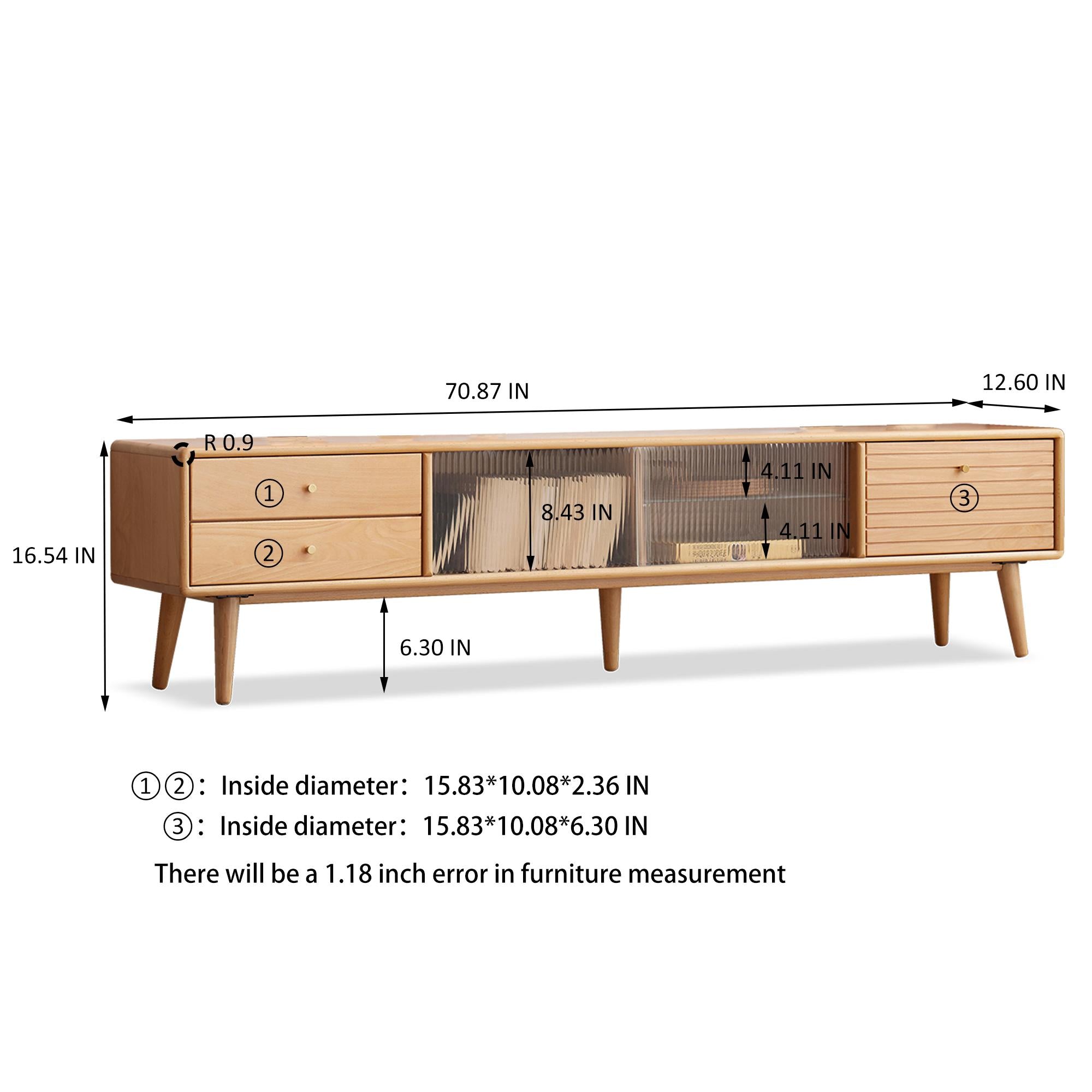 Modern TV Cabinet with High-Quality Glass Doors, Sturdy TV Stand with 2 Pull-Out Drawers, 71″ L x 12.5″ W x 16.5″ H, Natural Wood