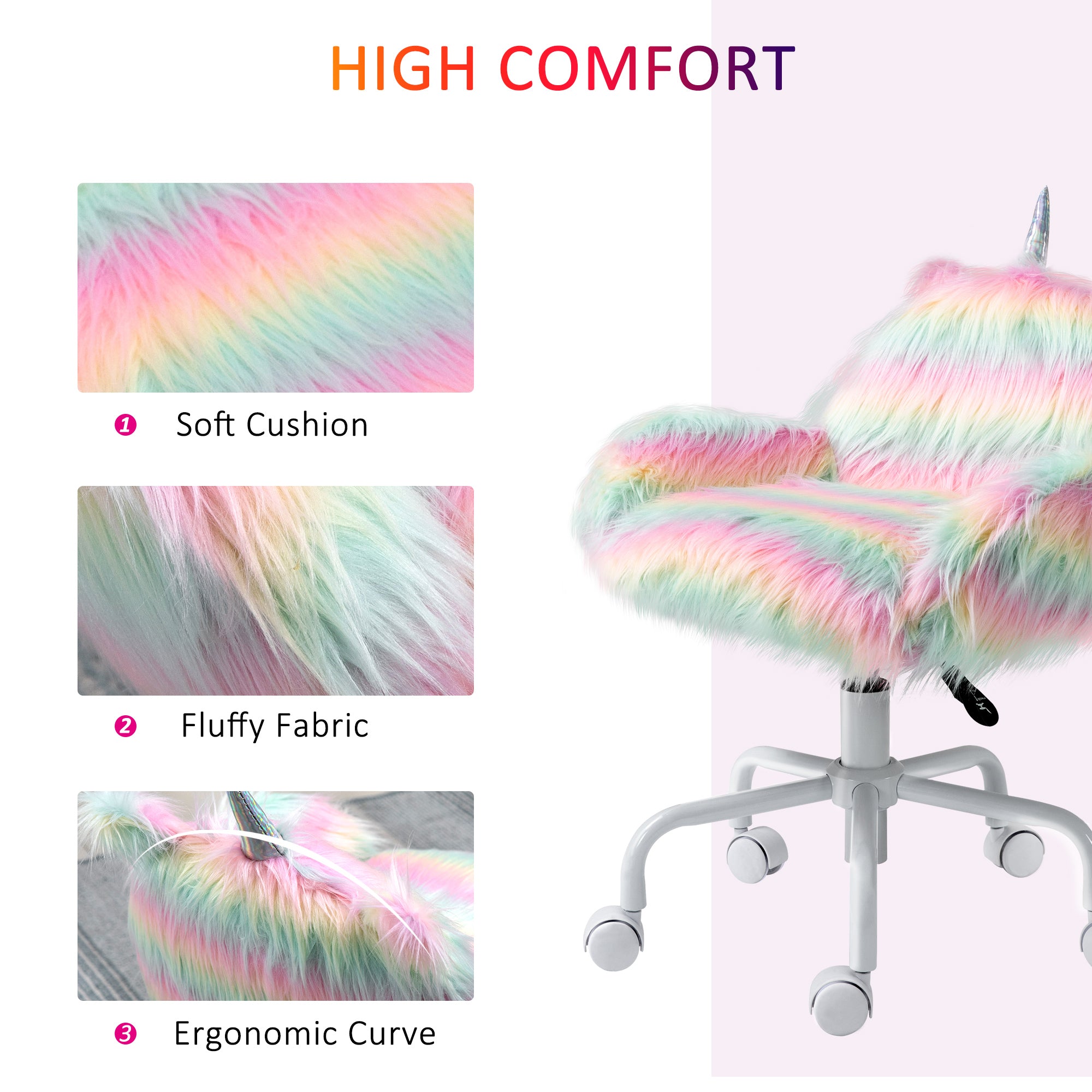 Fluffy Unicorn Office Chair with Mid-Back and Armrest Support, 5 Star Swivel Wheel White Base, Rainbow