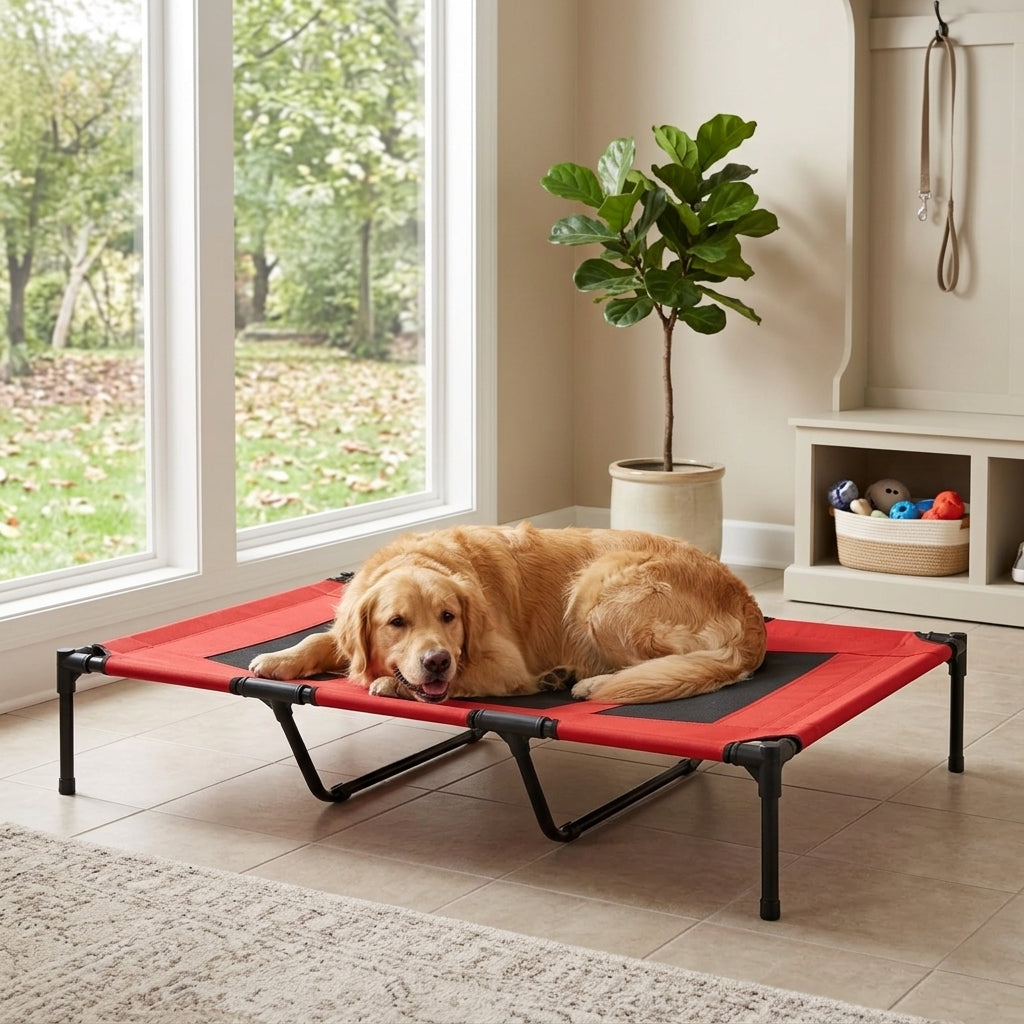 XL Elevated Dog Bed, Outdoor Raised Dog Bed, Portable Pet Cot w/Carry Bag Metal Frame Breathable Mesh Indoor and Outdoor Red